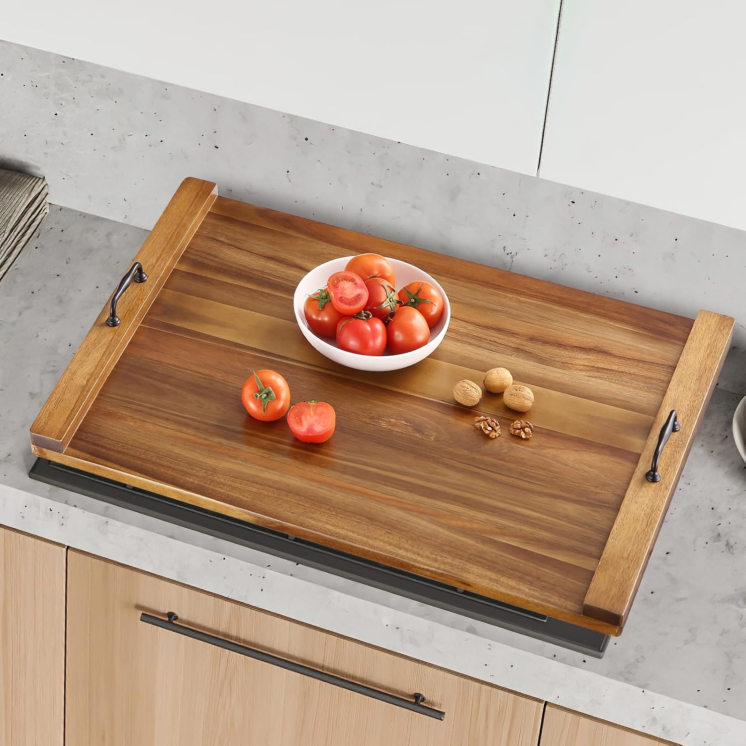 GarveeHome Acacia Noodle Board Stove Cover Wood with Handles for Gas/Electric Stove Top, 30 in x 22 in Extra Thick Wood Stove Top Covers, Kitchen Sink Cover Cutting Board, Decorative Serving Tray