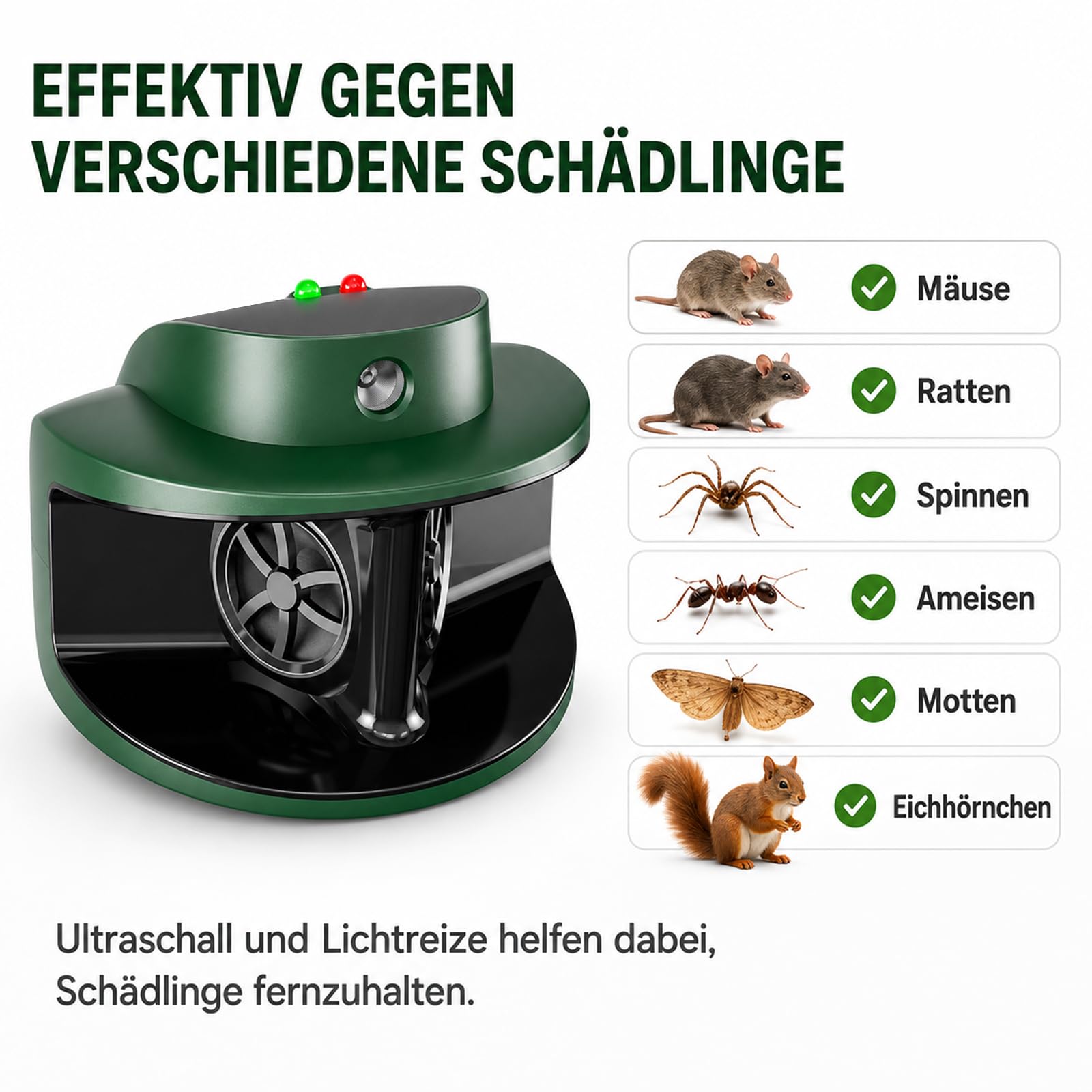 MEKEET Ultraschall gegen Mäuse, Mäuseabwehr Ultraschall Testsieger, Mäuseschreck gegen Mäuse & Ratten ohne Gift, 360° Schutz, 4 Modi, 9 LEDs, bis 310 m² für Keller, Garage, Dachboden & Küche