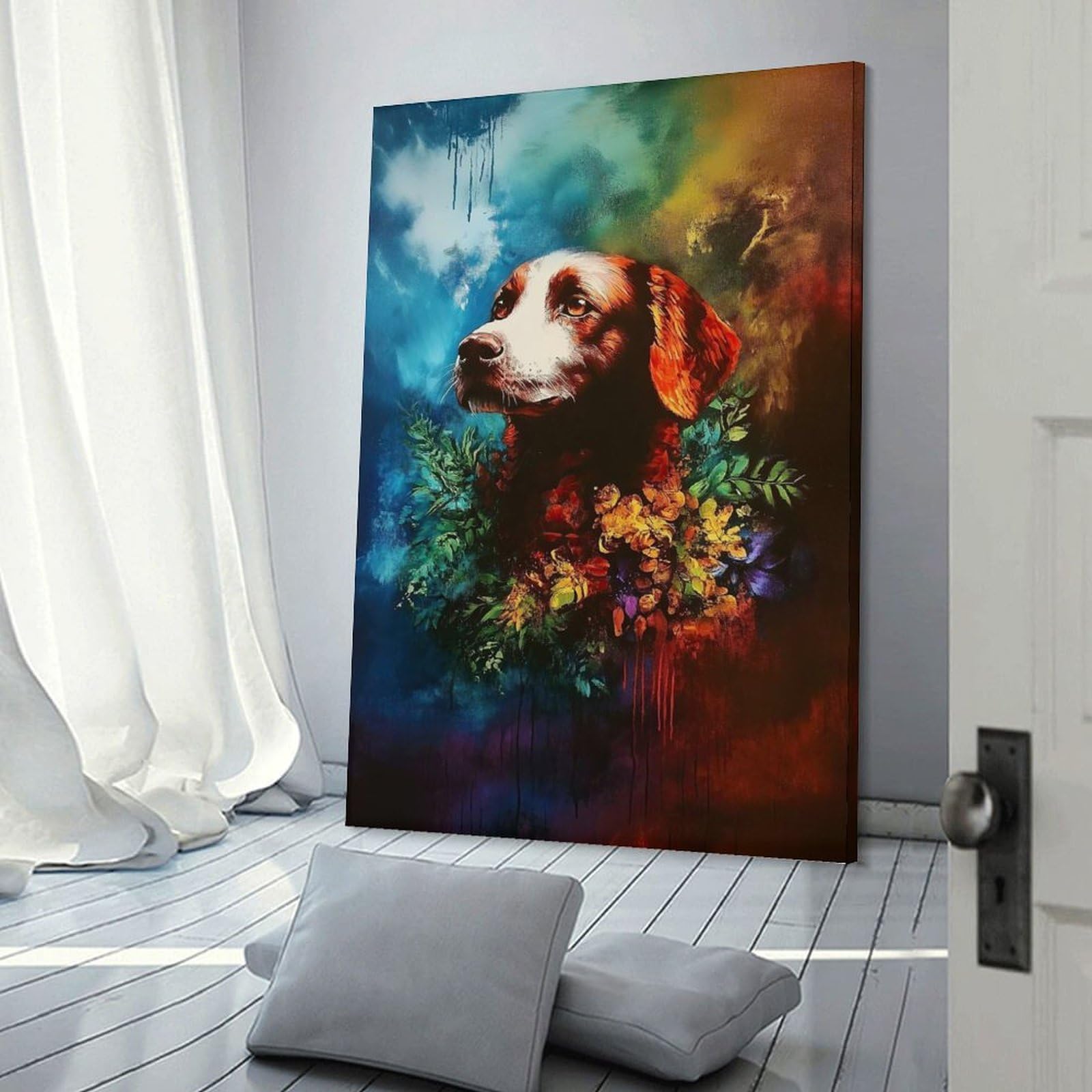 Junmoney Dog Portrait with Flowers Hanging Wall Art 16x24inch(40x60cm), for New Homes, Bedrooms Or Workspaces, Thoughtful Wall Decor for Art Lovers