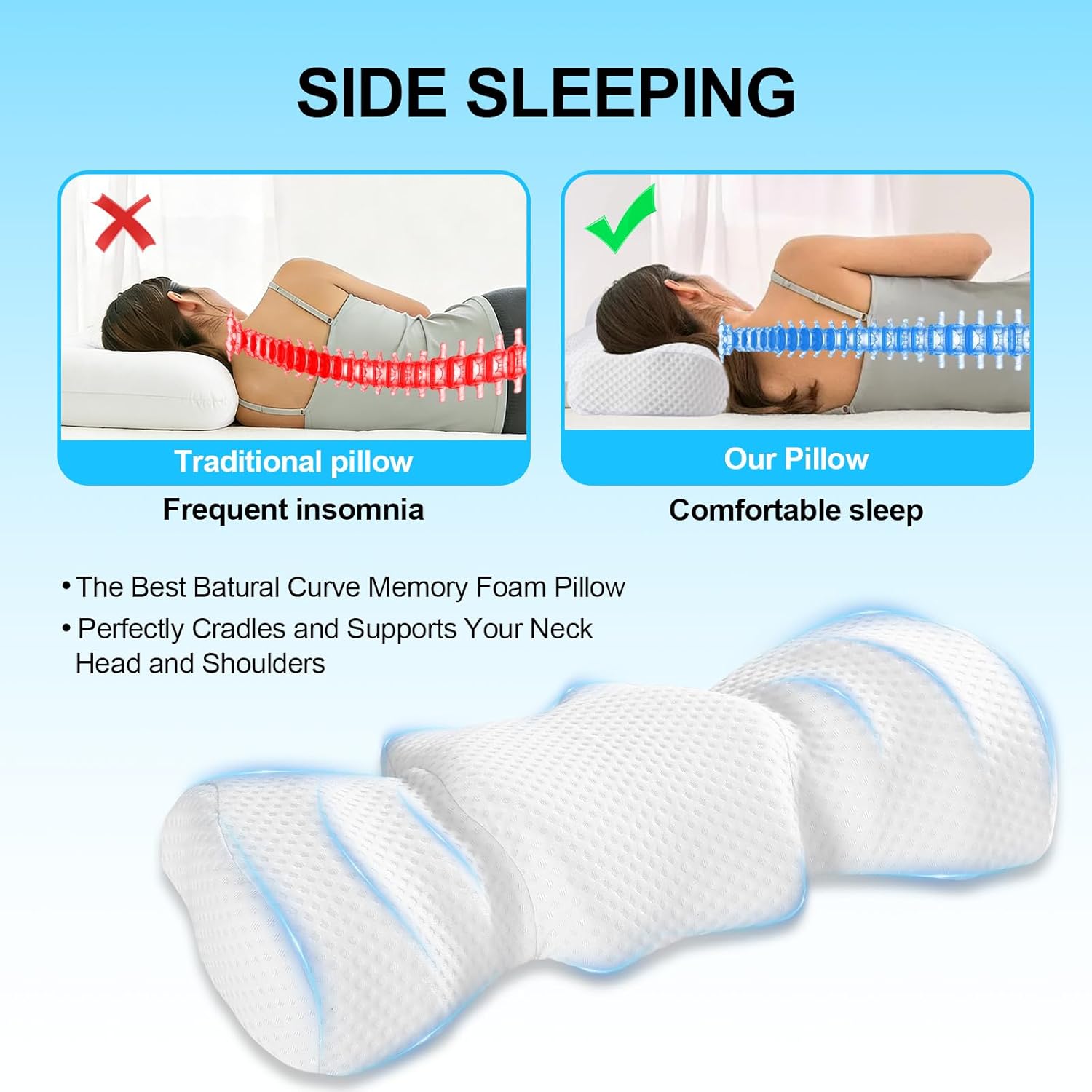 Cervical Pillow for Neck Pain Relief, Cervical Neck Pillow for Sleeping Ergonomic Contour Side Sleeper Pillows for Adults,Memory Foam Orthopedic Bed Pillow for Side Back Stomach Sleeper - Image 6