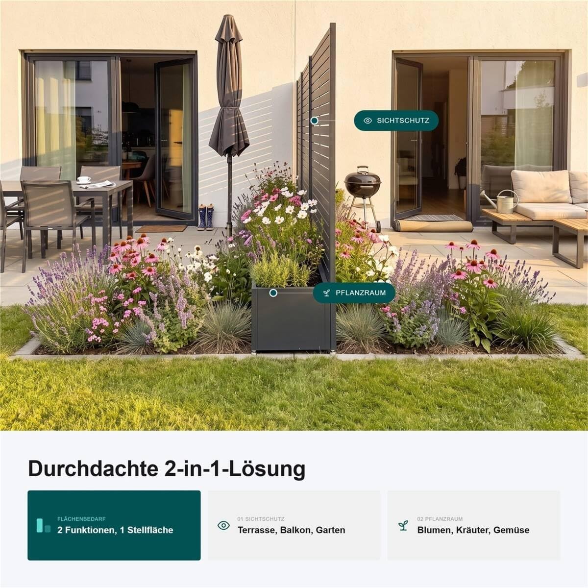 Metzler Sichtschutz Garten mit Pflanzkasten, Stahl, Rankgitter, Anthrazit
