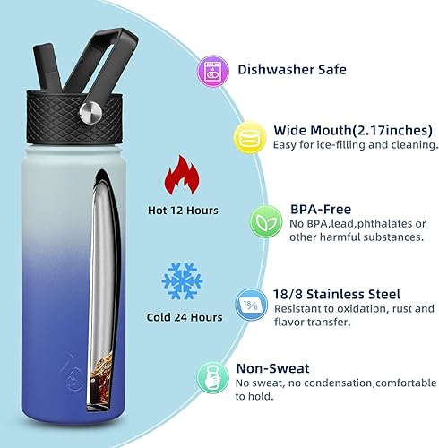 Miniatura 3 de BJPKPK Botellas de agua aisladas con tapa con pajilla, termo frío y caliente de 22 onzas, botella de agua de metal de acero inoxidable con 3 tapas,