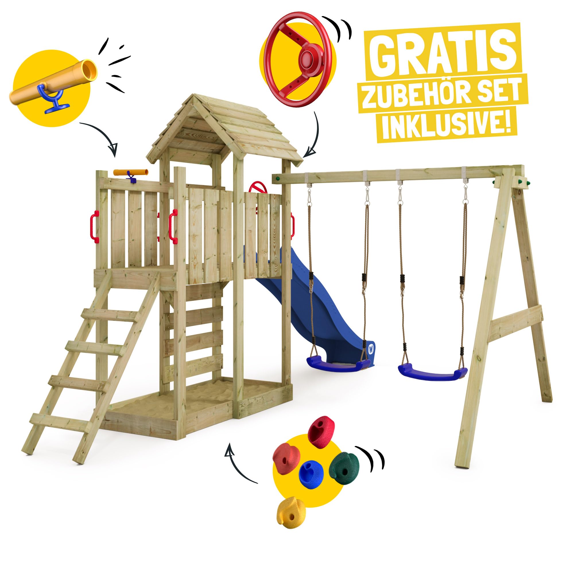 WICKEY Spielturm Klettergerüst MultiFlyer Holzdach mit Schaukel & Rutsche, Kletterturm mit Holzdach, Sandkasten, Leiter & Matschküche - pastellgrün