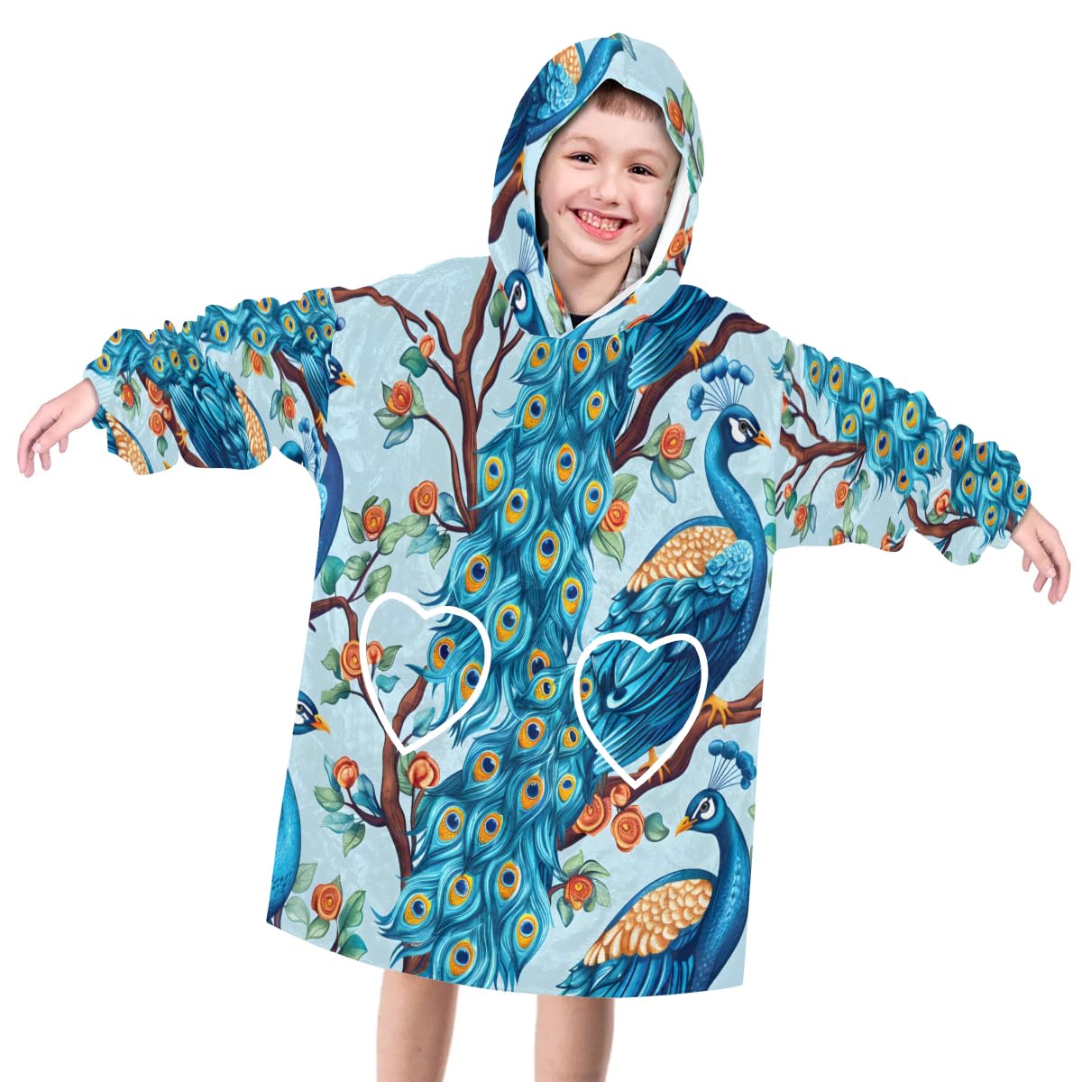 Wearable Blanket Hoodie for Kids, Colorful Peacock Fleece Sweatshirt Blanket Oversized Blanket Sweatshirt with Pocket Flannel Warm Hooded Blanket 6-10 Year Old Girl Boy Gift, One Size