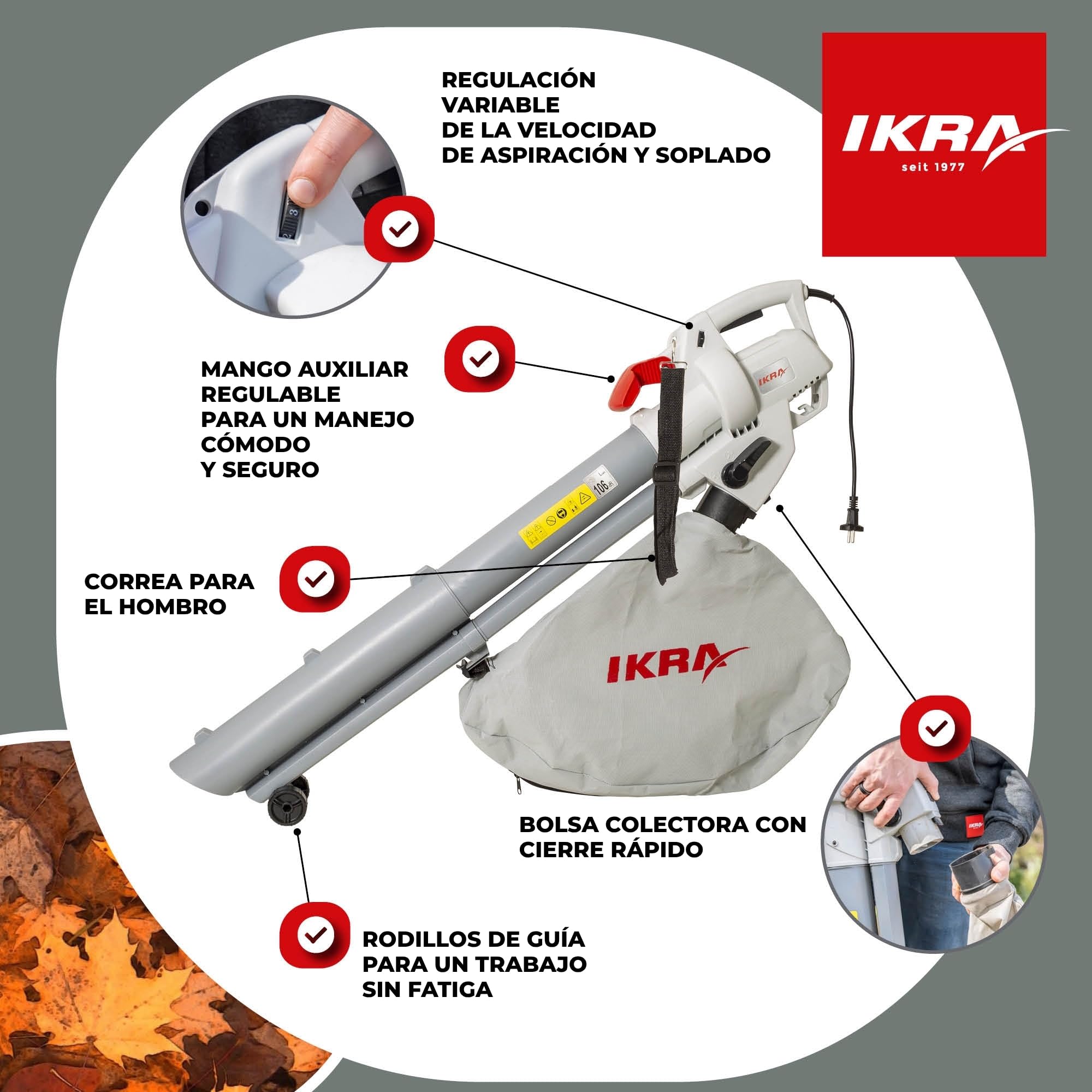 IKRA Aspirador soplador triturador eléctrico IBV 3000 3in1, Velocidad soplado 240 km/h, regulación Variable de la Velocidad