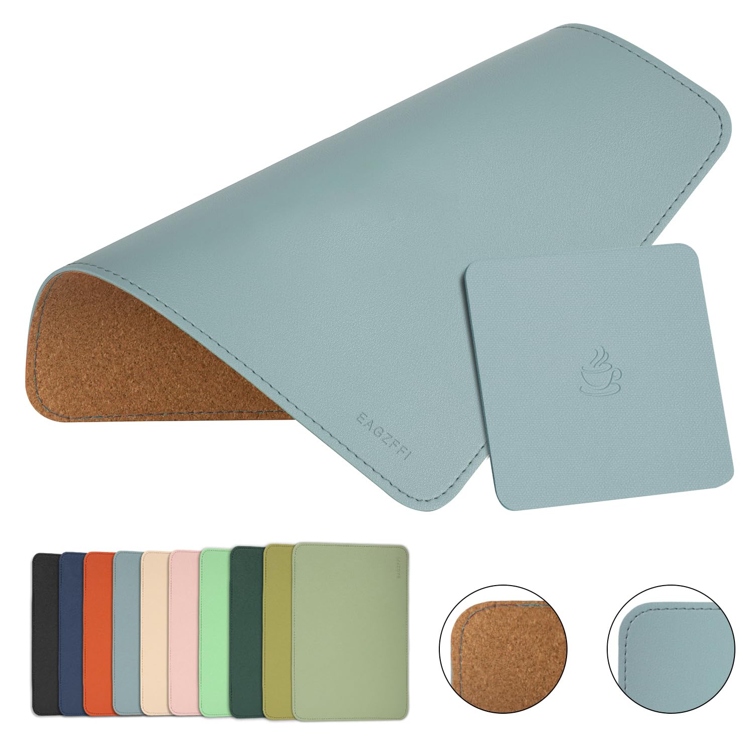 Double-Sided PU Leather & Cork Mouse Pad with Coaster – Reversible, Non-Slip, Stitched Edges for Office & Home, 8x11 Inches, (Sierra Blue)