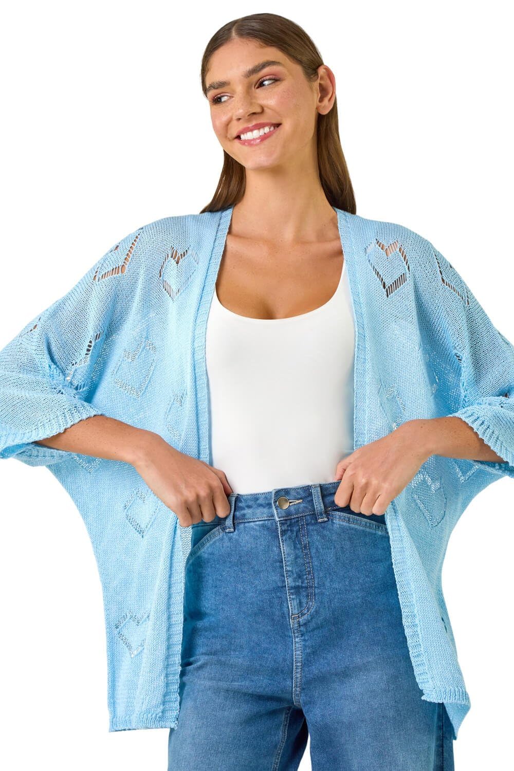 Roman Originals Women's Light Blue Pointelle Heart Knit Cardigan For Uk - Everyday Holiday Spring Summer Comfy Soft Evening Vacation Work Party - Size M