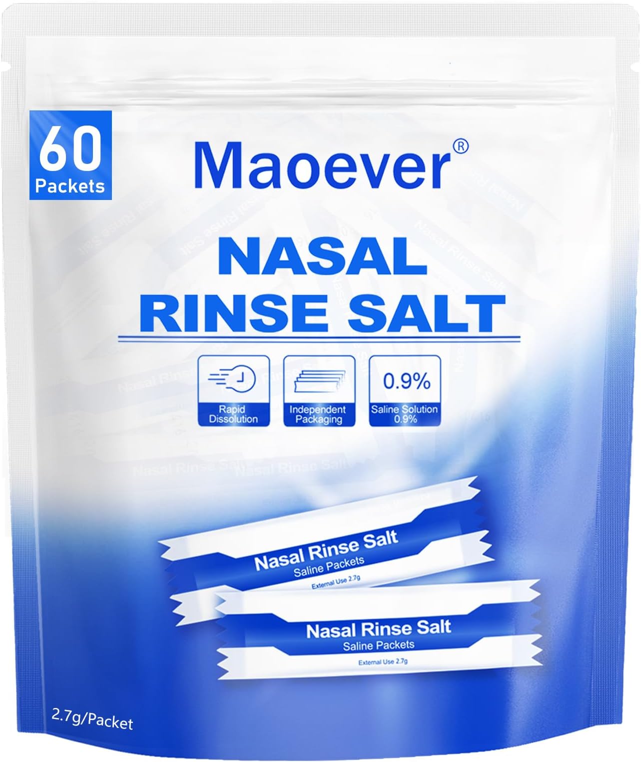 MAOEVER Neti Pot Salt Packets - 60 Pack Saline Packets for Nasal Wash | Neti Pot Refill Kit | Effective Nasal Wash | Sinus Care | Nasal Fluids (Light Blue)