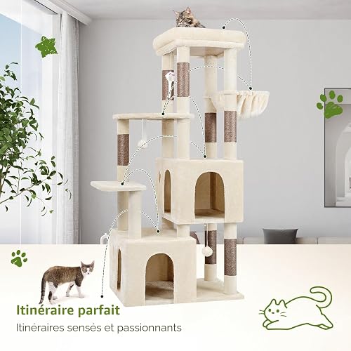 Globlazer Arbre a Chat Beige pour Gros Chat Maine Coon avec 2 Extra-large Niches 45*40*35cm, Grand Espace de Détente, 156 cm Stable Arbres à Chats pour Grand Chats plus de 8kg Intérieur (F61, Beige) - 6