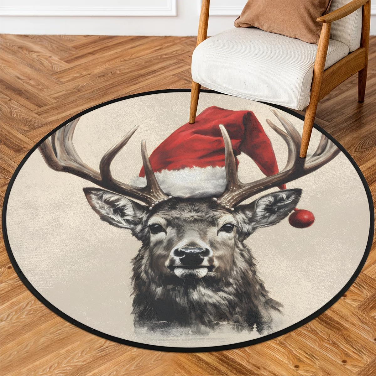 Xopovanx Round Area Rugs, Christmas Hat Deer Decor Washable Small Circle Entry Rugs, Xmas Non Slip Thin Circle Doormats, Indoor Front Door Mats Round,