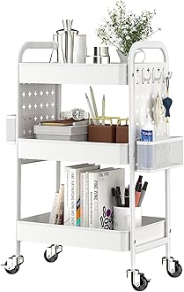 TOOLF 3-Tier Rolling cart, Utility Storage Cart with DIY Dual Pegboards, Art Craft Trolley with Removable Baskets Hooks, Organizer Serving Cart Easy Assemble for Office, Home, Kitchen, Classroom,WHITE
