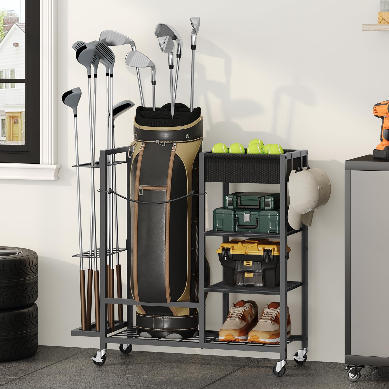 MAHANCRIS Golf Storage Organizer for Garage, Golf Bag Stand for Single Golf Bag and Equipment Accessories, Freestanding Golf Club Holder for Garage, Shed, Home, Basement