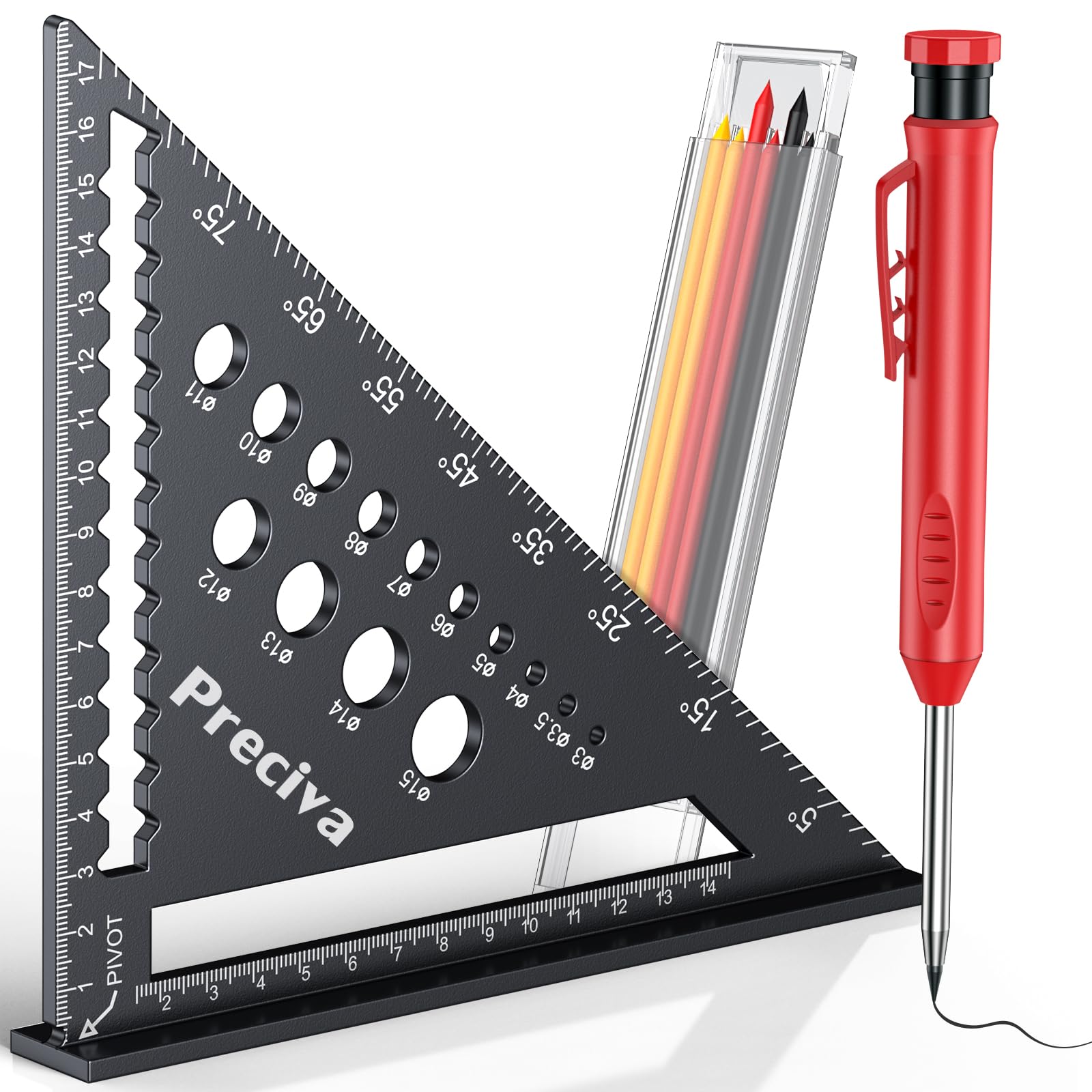 Preciva Escuadra Carpintero, 180MM Escuadras Metalicas de Aluminio, Speed Square Métrica 0-90°, 14 Orificios de Perforación, Escuadra Triangular Profesional con Lápiz y Minas