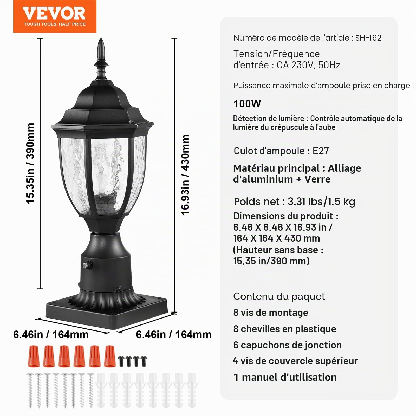 VEVOR Lampadaire extérieur, lot de 2, luminaires étanches 390 mm, avec base de montage sur pilier 9 cm, abat-jour verre, éclairage anti-foudre crépuscule à l'aube pour patio, jardin, allée, terrasse