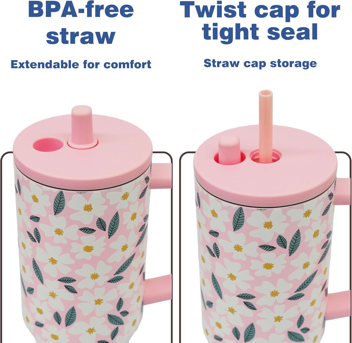 40 oz Stainless Steel Tumbler with Handle, Insulated Coffee Travel Mug, Resuable Spill Proof Water Bottle for Women, Flower - Image 5