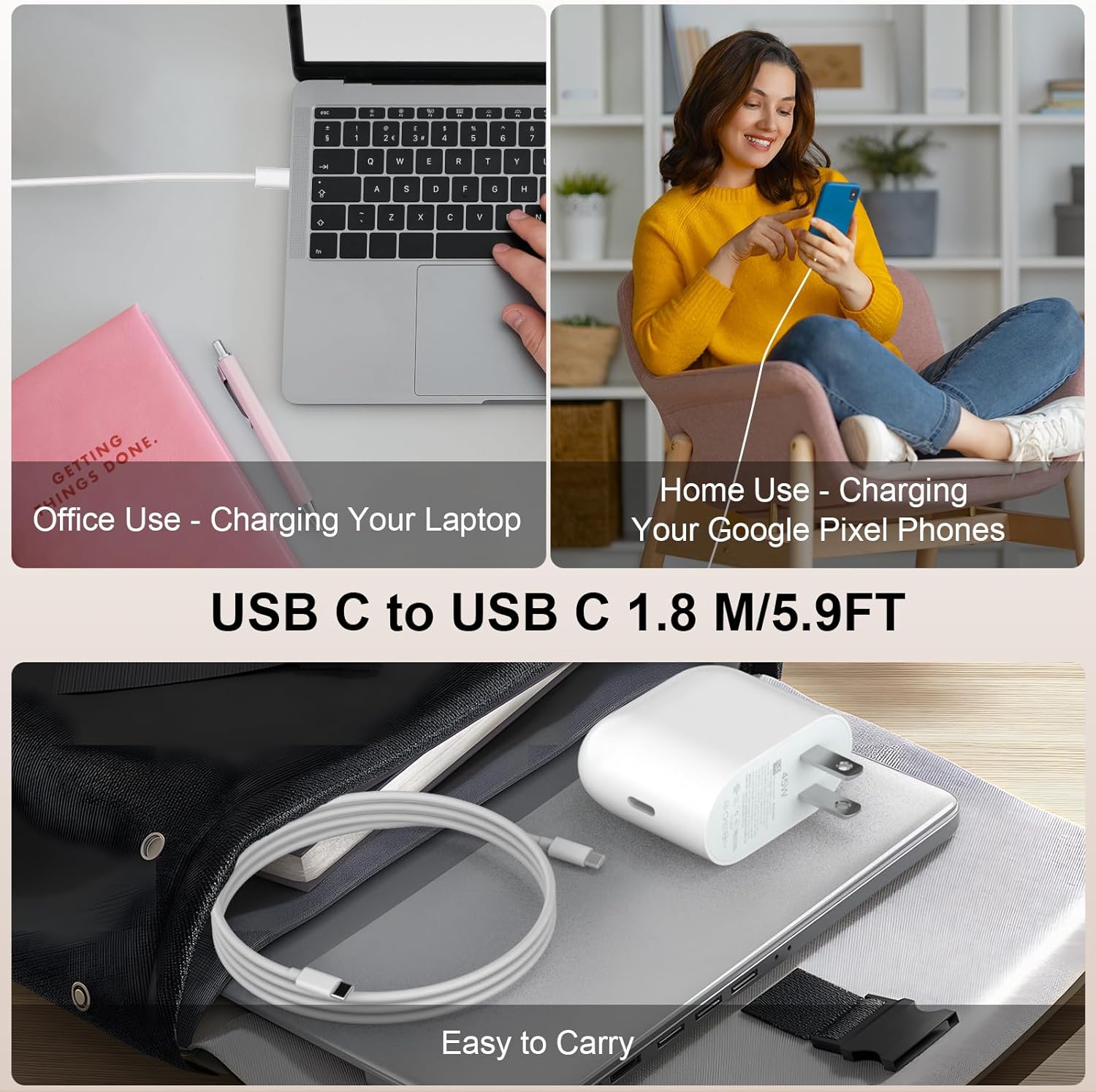 45W USB C Power Charger for Google Pixel 10, Fast Charging with 1.8M USB C Cable for Google Pixel 9 Pro XL 9a 8 7 Type C Super Fast Charger Block for iPhone 17 Pro Max 16 15 iPad Galaxy S25 S24 A16