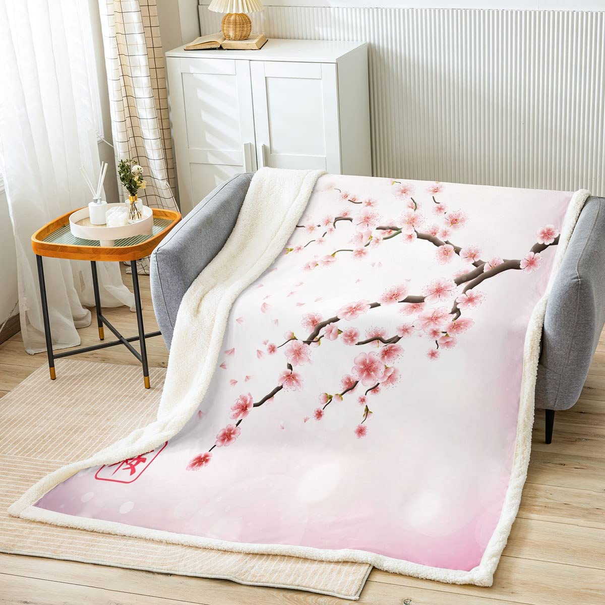 Homemissing Cherry Blossoms Fuzzy Blanket For Sofa Bed For Kids Girls Teens Pale Pink Blossom Petal Sherpa Blanket Japanese Spring Fleece Throw White Pink Girly,Baby 30x40 Inch