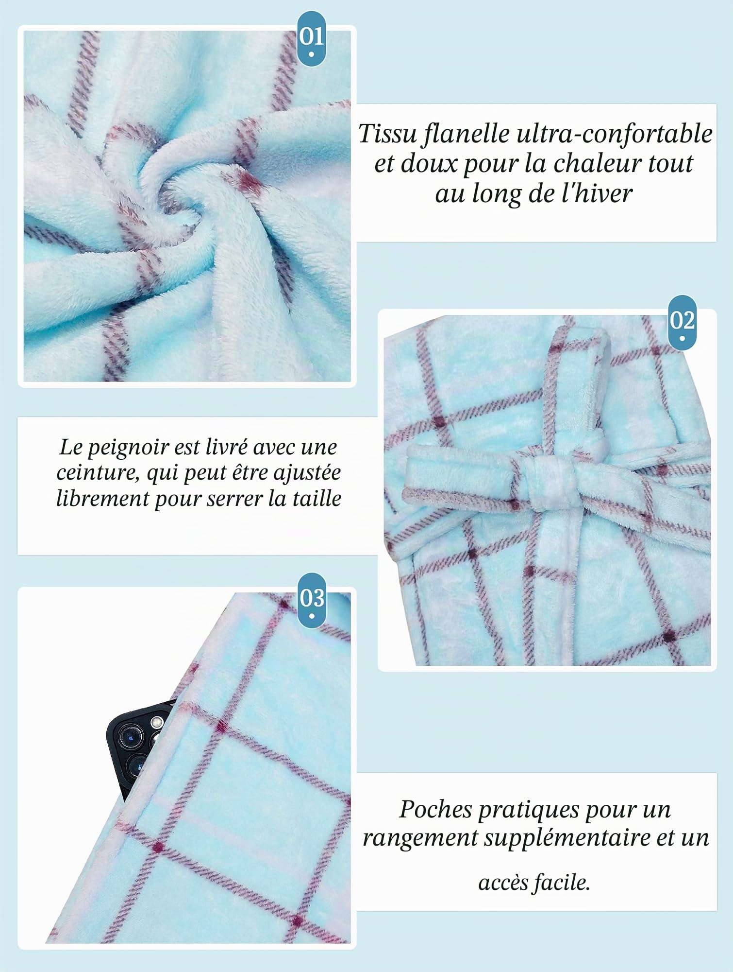 Vlazom Peignoir Femme en Flanelle Douce Robe de Chambre Chaude et Confortable pour l'Hiver