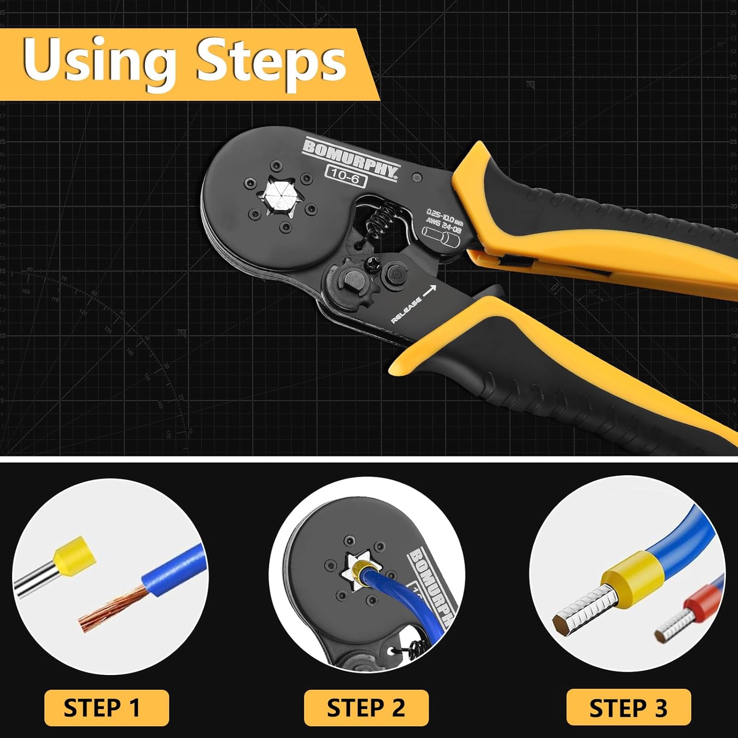 Ferrule Crimping Tool Kit with Wire Connectors, AWG24-8 Sawtooth Self-Adjustable Ratchet Wire Terminals Crimper Kit (1pcs Hex Crimping Types)