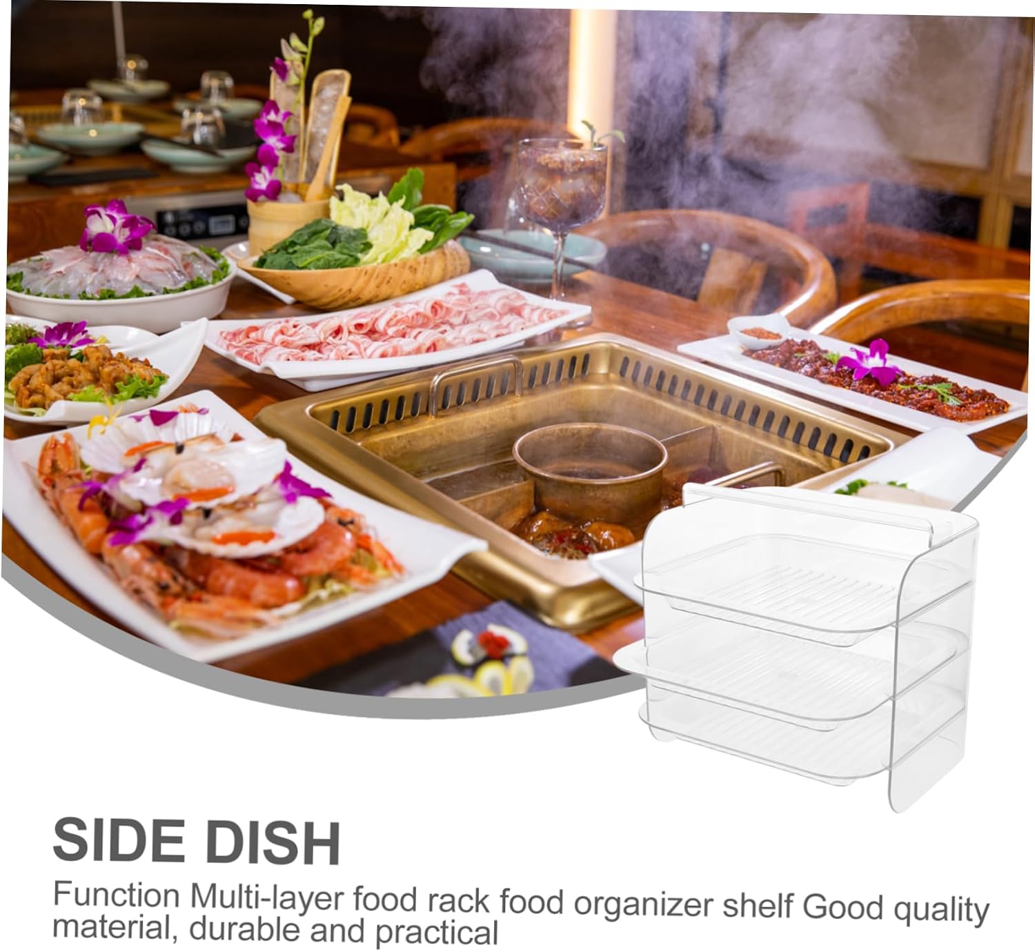 PRETYZOOM Multi-Layer Food Storage Organizer Rack Transparent Plastic Serving Shelf for Vegetables Seafood and Hotpot Ingredients Space-Saving Kitchen Food Shelf with Wide Compartments