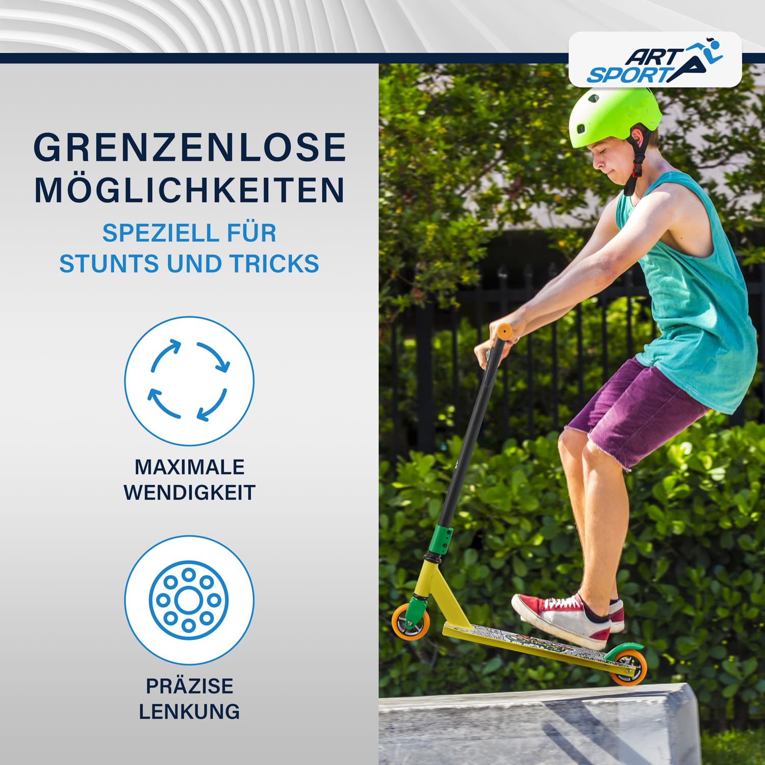ArtSport Stunt hulajnoga z kierownicą 360°, łożyska ABEC 9, koła PU 100 mm i griptape, hulajnoga dziecięca, hulajnoga akrobatyczna, hulajnoga trick