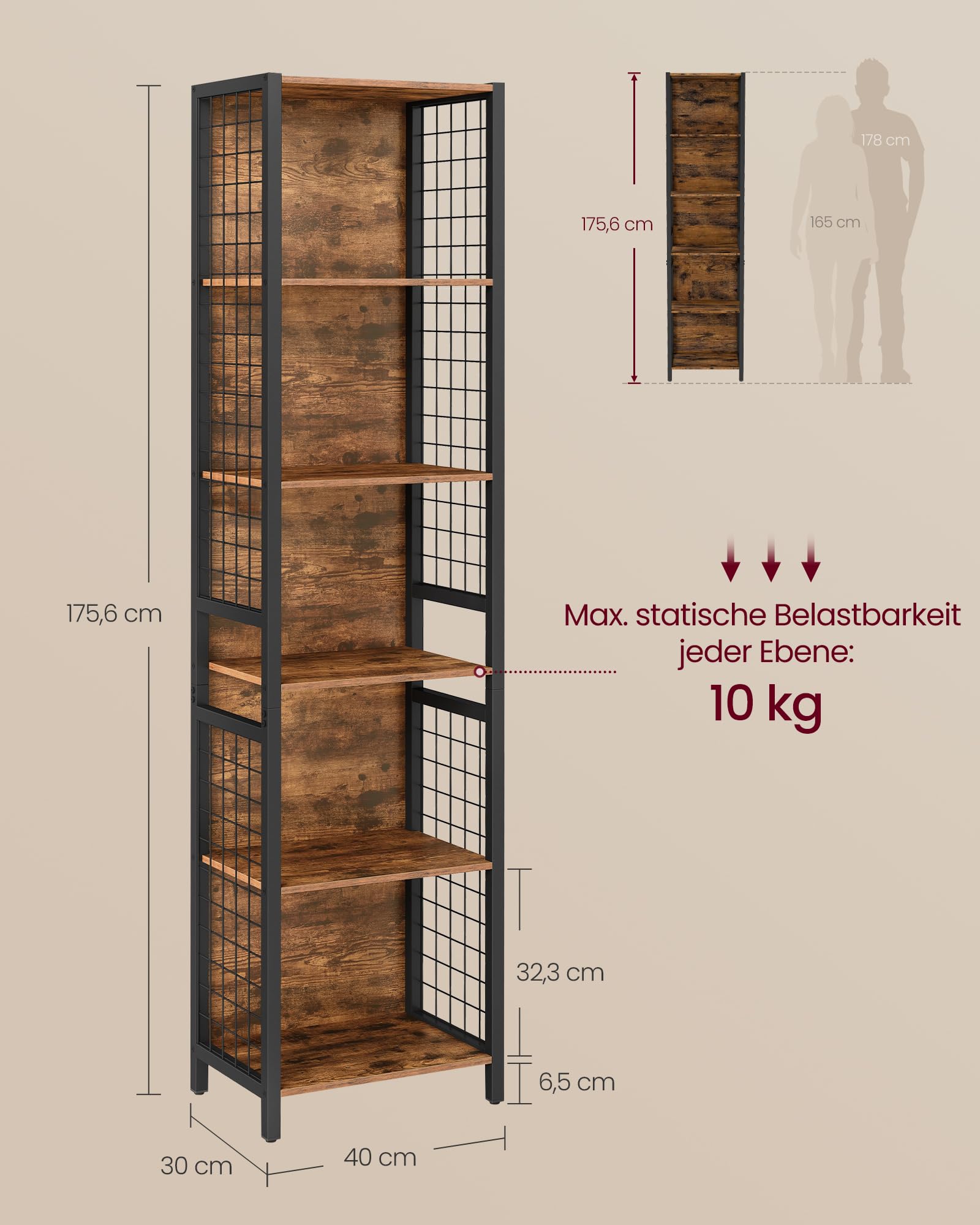 VASAGLE Bücherregal Standregal mit 6 Ablagen 30 x 40 x 175,6 cm vintagebraun-tintenschwarz LLS170K01