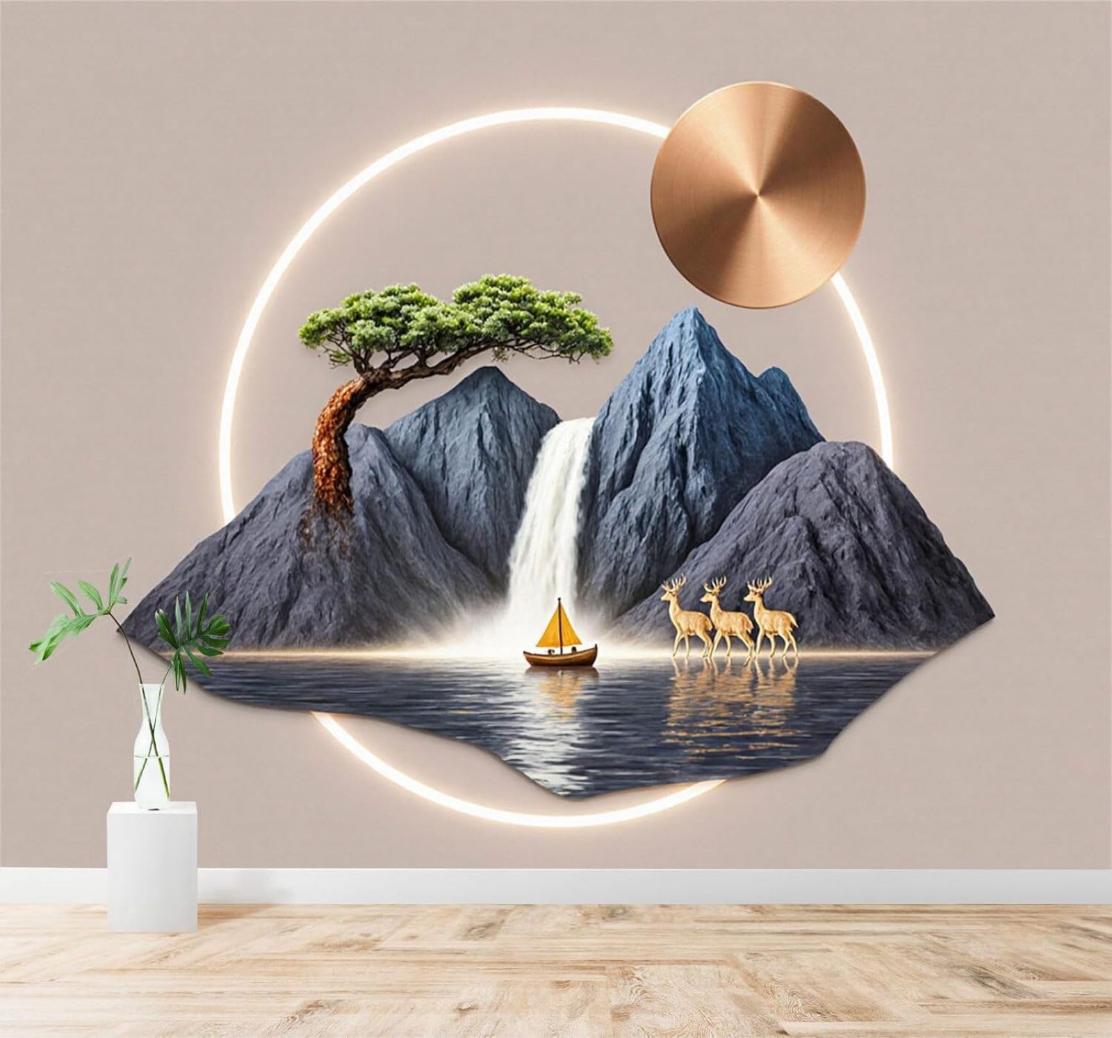 Xlming 430Cm×300Cm(B×H) Waterfall Small Boat Golden Deer Green Trees Mountain Scenery 3D Wallpaper Silky Texture Home Study Office Grey Dining Room Sofa Bedroom Living Room Tv Backdrop-430Cm×300Cm