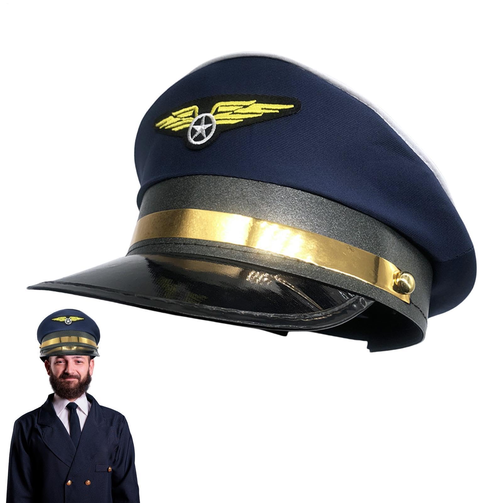 Pilot Hat for Adults Captain Costume, Adjustable Aviation Cap with Embroidered Badge, Hat for Halloween Party Role Play, Airplane Theme Party Favor, Crew Accessory for Men Women