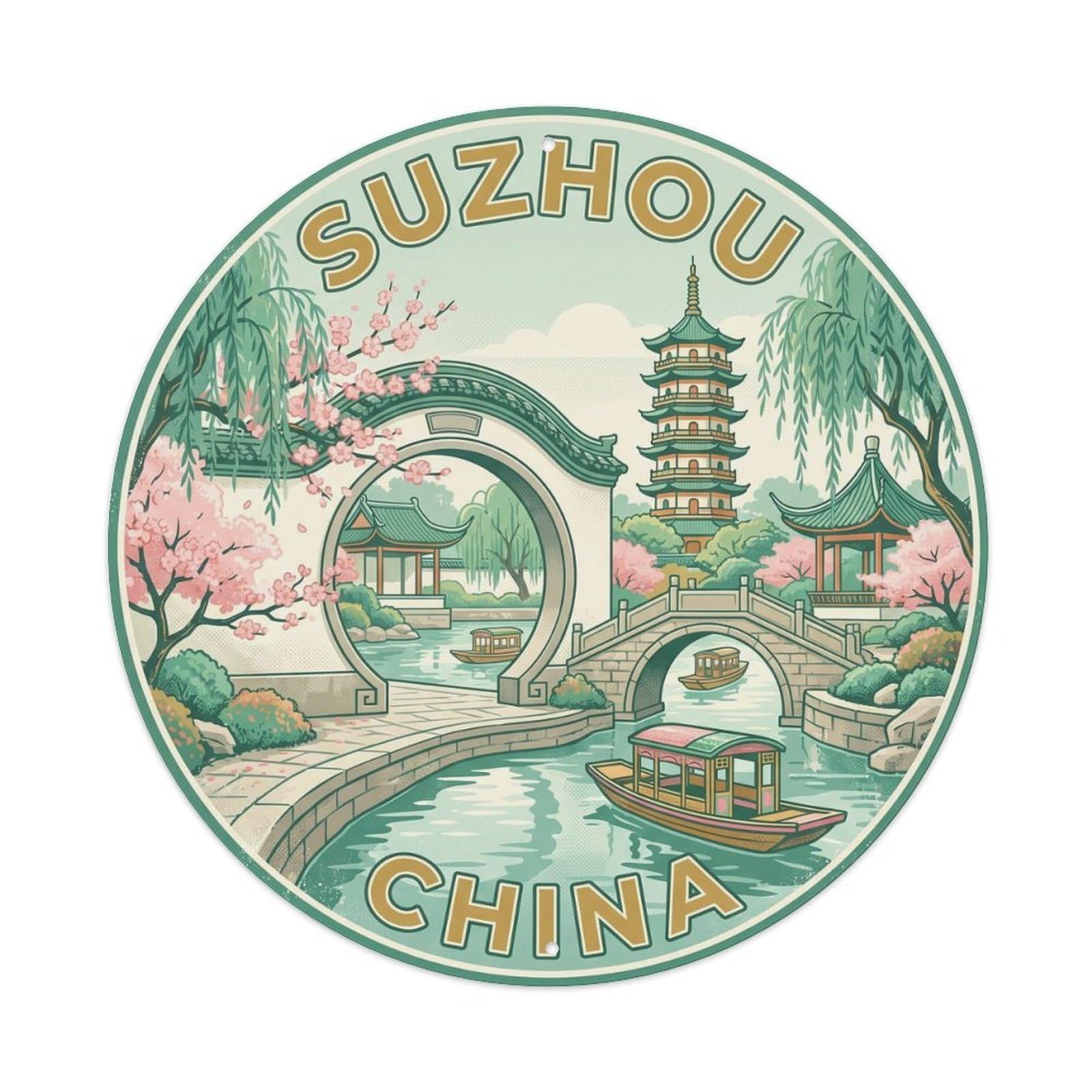 Vintage Travel Suzhou China Garden Vintage Metal Tin Sign Plaque Wall Decor for Cafe, Club Bar, Office, Garden Metal Poster 8x8Inch