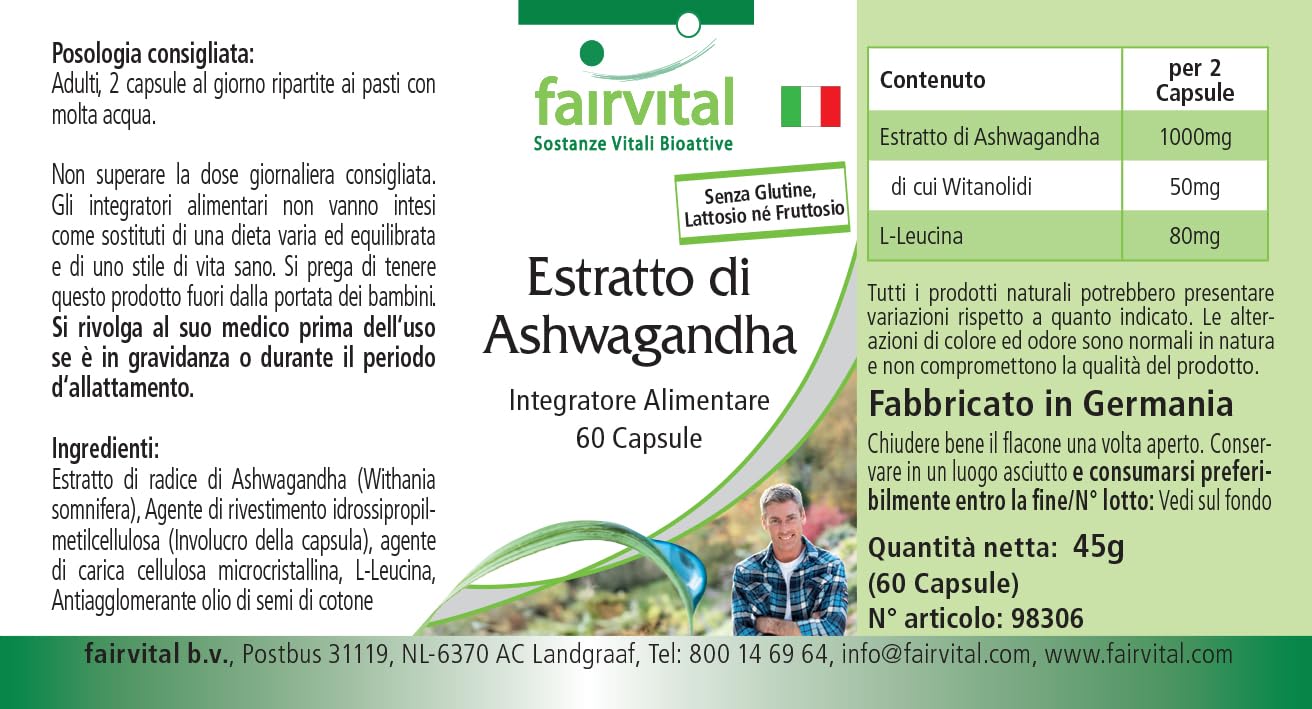 fairvital Gélules d'Ashwagandha, 180 gélules (60 x 3), HAUTEMENT DOSÉES, 1000mg d'extrait d'Ashwagandha 12:1 par dose journalière, 5% de withanolides, VÉGÉTALIENNES, Withania Somnifera