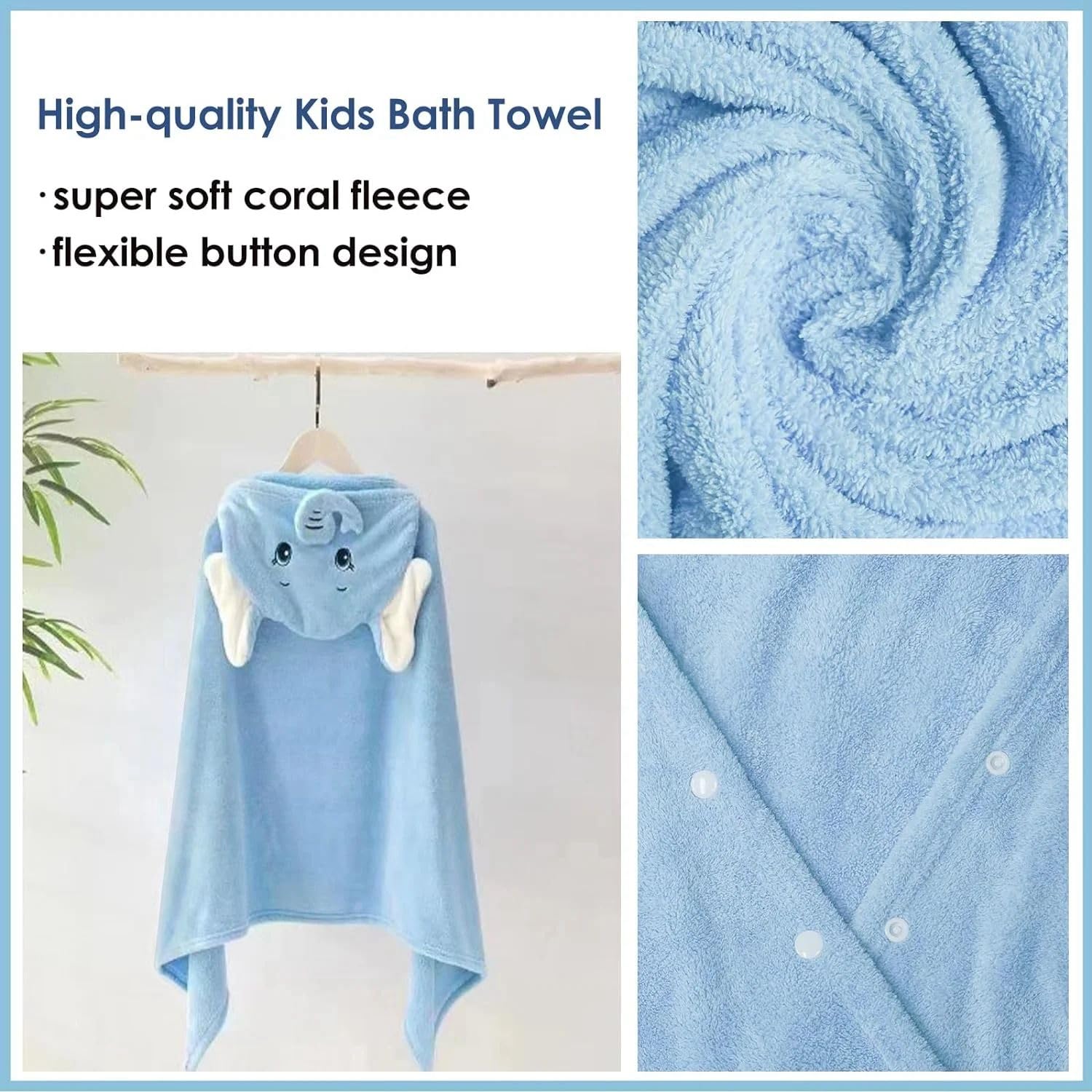 DIVYAM Fluffy Tales Elephant Kids Hooded Towel | 70x140cm, Plush Coral Fleece Poncho Bath & Beach Wrap | Multi-Use Infant to Toddler | Beach, Bath etc (Sky Blue, Age 1-7 Years) 4