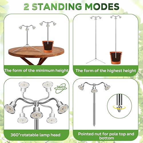 Full Spectrum Grow Lights for Indoor Plants 15-62 Inches Height Adjustable Aluminum Alloy Plant Growing Lamps with Detachable Tripod Stand, Auto On/Off Timer (Full Spectrum, Three Heads)(Full Spectrum,Three Heads)