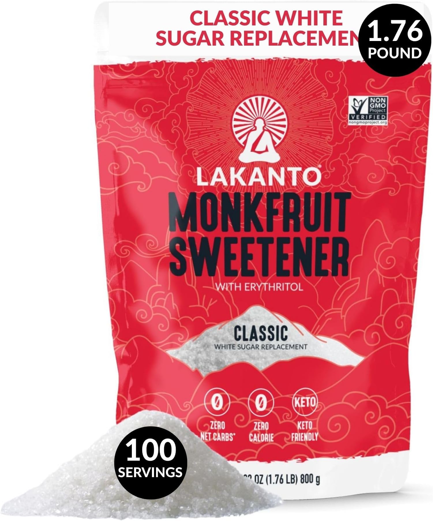Monk Fruit Sweetener with Erythritol, White Sugar Substitute, Monkfruit Extract, Classic White Sugar Replacement for Coffee, Tea, Baking, Gluten Free, Low Carb, Non GMO, Keto, 1.76 Lb