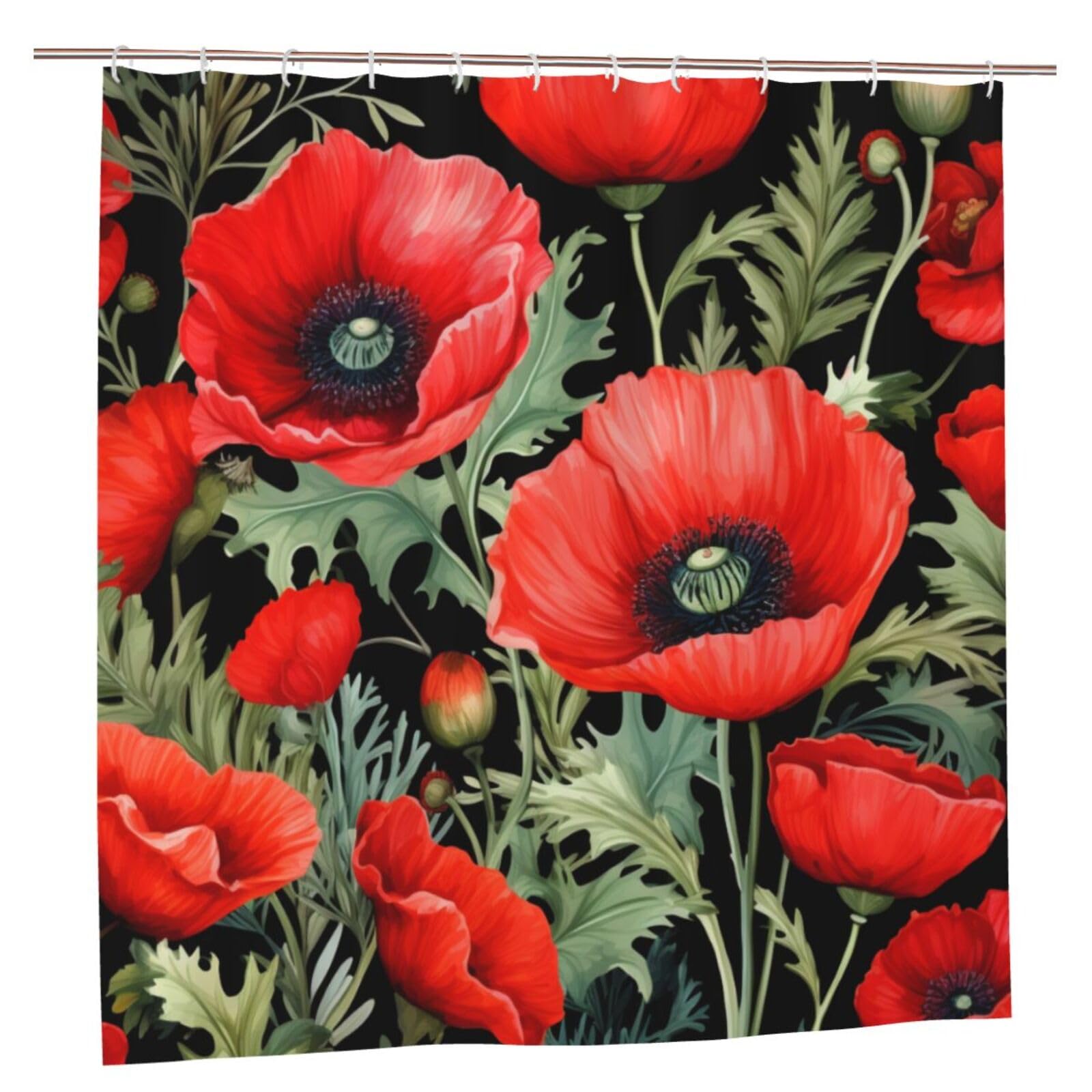YPPAHHHH Decorative Shower Curtain Red Poppy Flowers Pattern Bath Curtain for Tub Bathroom No Liner Waterproof Fabric Shower Curtain Set with Plastic
