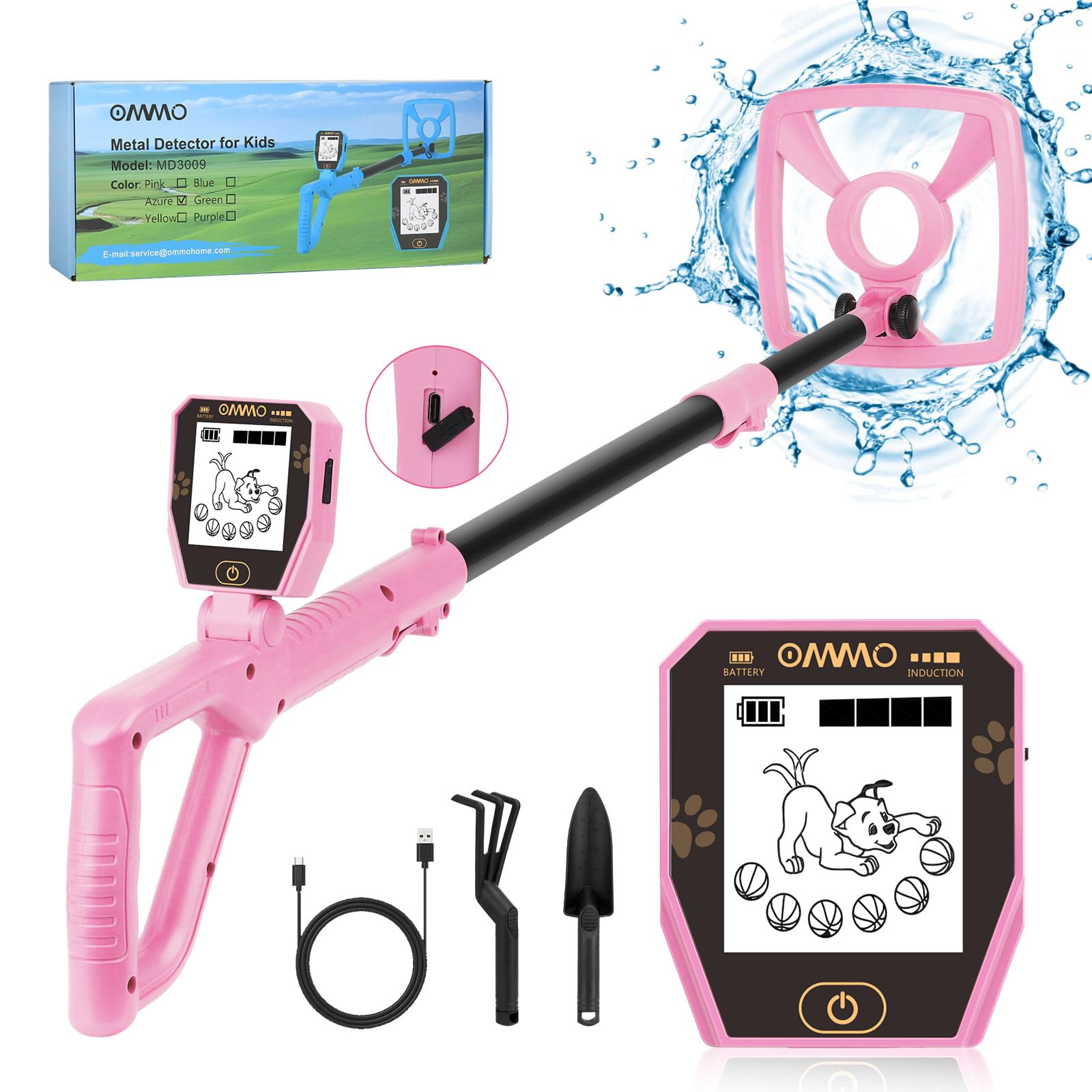 OMMO Metal Detector for Children, Rechargeable Metal Detector, Pink | Funny LCD Screen, 72-100cm Adjustable, IP67 Waterproof, Lightweight, Outdoor Exploration