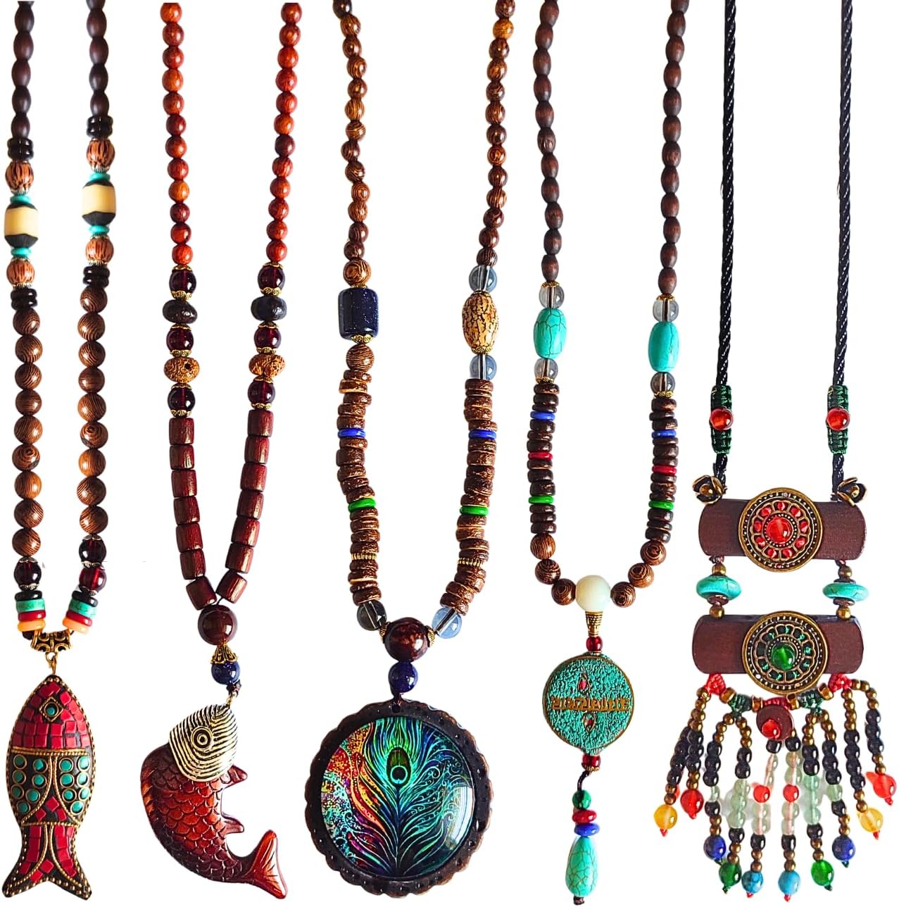 Bohemian Beaded Necklace for Women Long Boho Pendant Wood Mala Beads Wooden Strand Tassel Stone Bohemian Necklaces for Women Jewelry