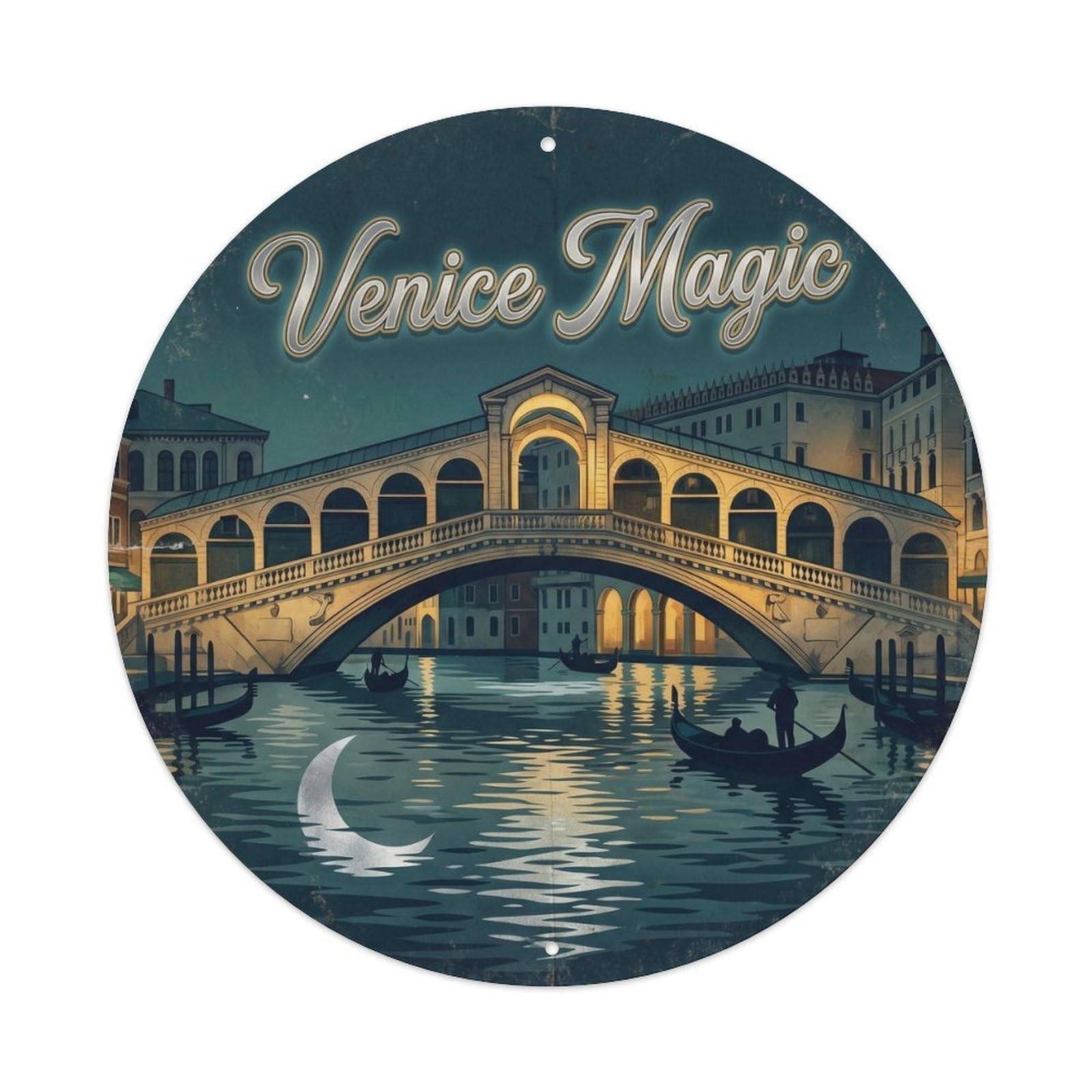 Venice Landmark Cityscape Vintage Italian Travel Guide Metal Tin Sign Plaque Wall Decor for Cafe, Man Cave, Club Bar, Office, Home Garden Round Metal Poster 8x8Inch