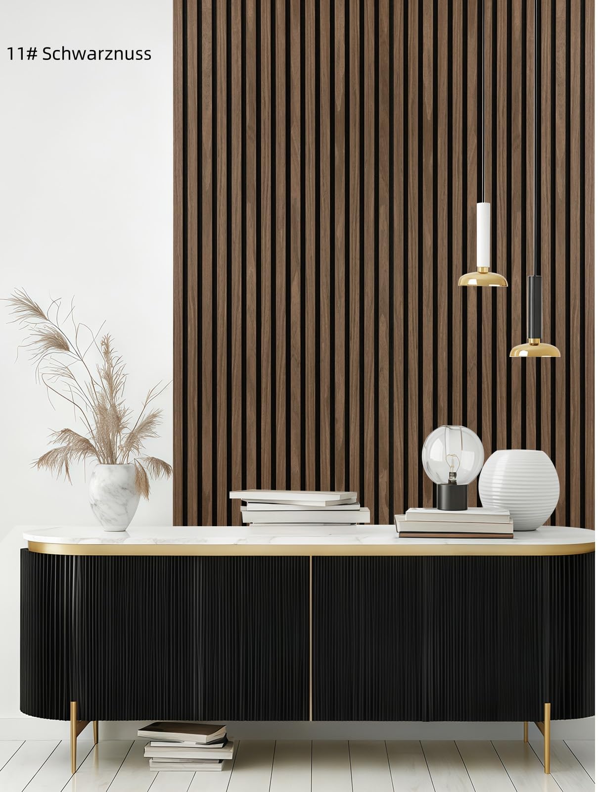 AKK-STAVE Akustikpaneele Holz 240x60 cm (1er-Set 1,44 m²) - Akustik Paneele & Holzpaneele Wand für Schallschutz | 3D Paneele Wand als Wandverkleidung Innen,Schallabsorber für Wohnzimmer(Schwarznuss)