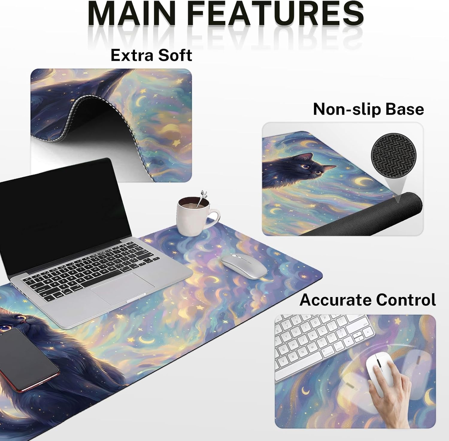 Britimes Starry Clouds Keyboard Mouse Pad Set Whimsical Cat 4in1 Large Mousepad+Keyboard Wrist Rest+Mouse Wrist Rest+Coaster Ergonomic Design for Home Office Computer 35.4x15.7 inches