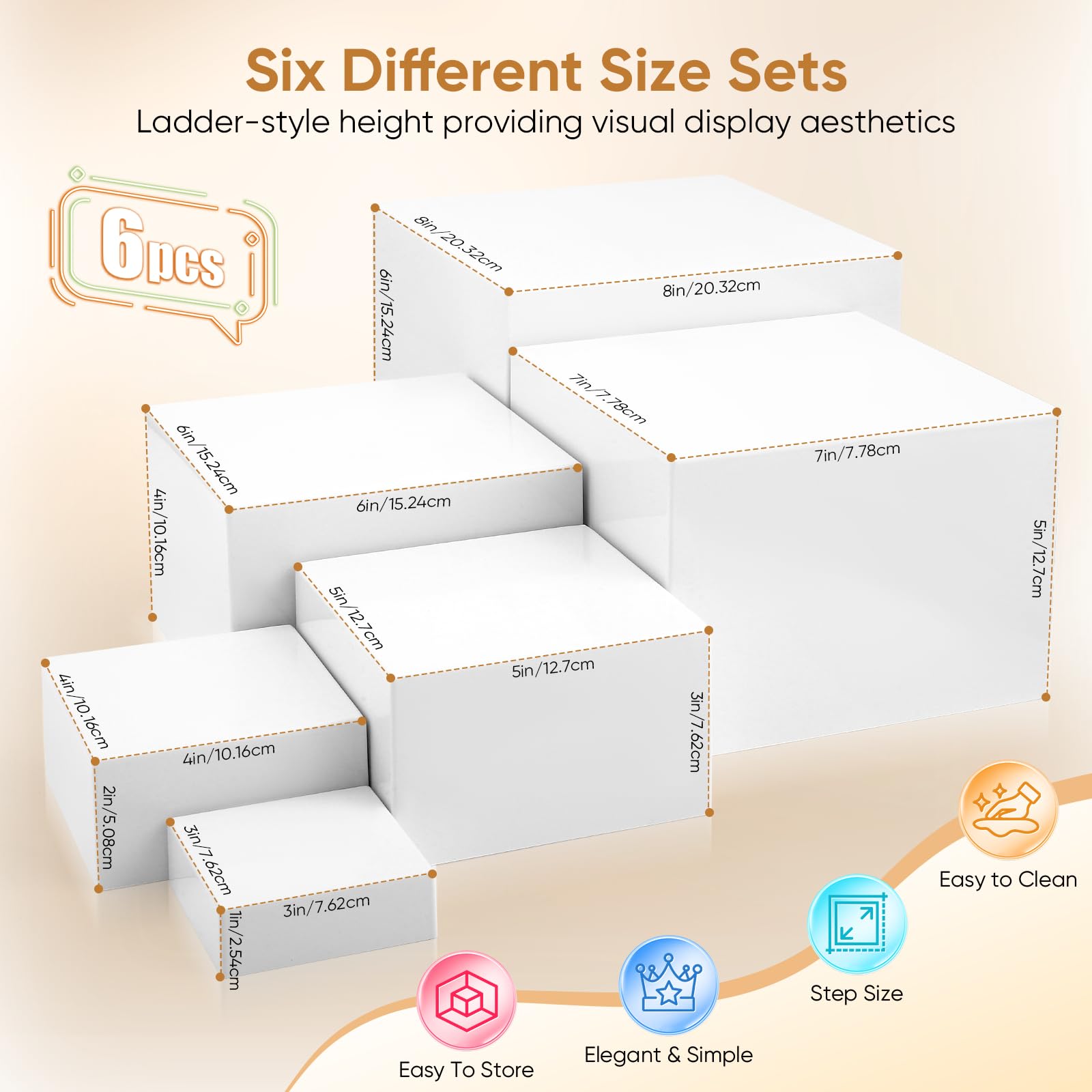 Juego de 6 soportes para buffet de acrílico, color blanco, 7,5 a 20 cm de altura, expositores de postres para catering