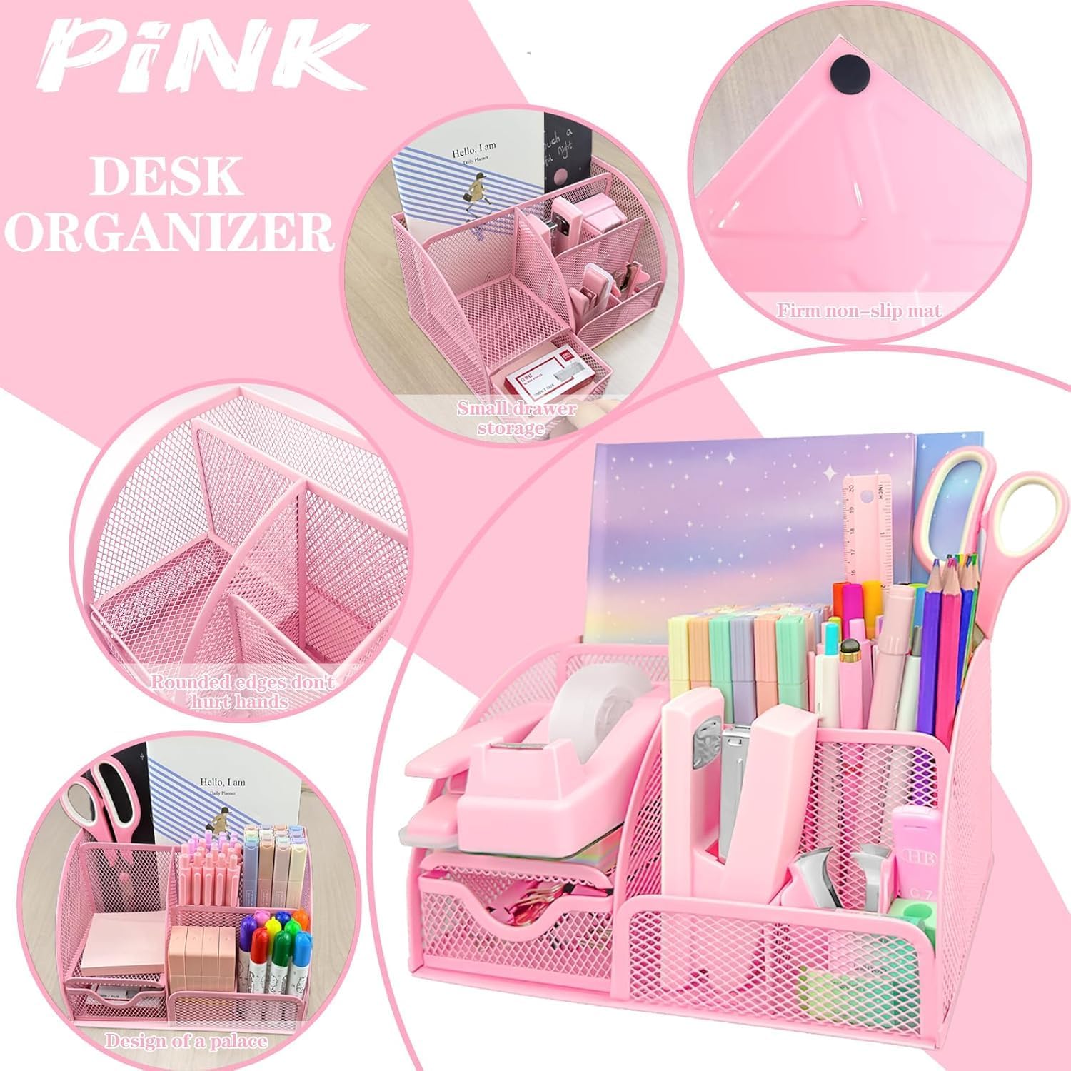 Pink Office Supplies, 17Pcs Pink Desk Accessories Set Include Stapler, Mesh Desk Organizer, Tape Dispenser, Staple Remover, Pen Holder, Clips, Pens, Ruler, for Office Home School Women Students Gift