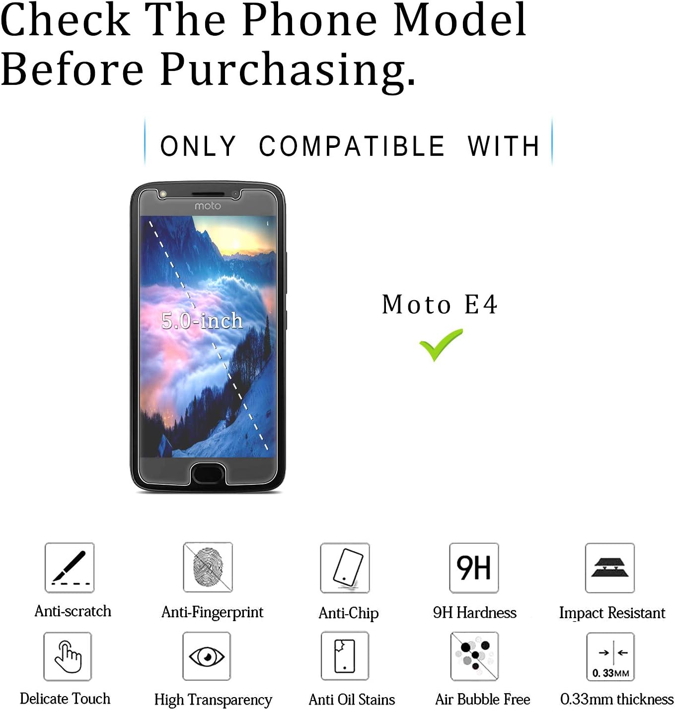 [2-Pack] KATIN For Motorola Moto E4, Moto E (4th Generation) Tempered Glass Screen Protector No-Bubble, 9H Hardness, Easy to Install
