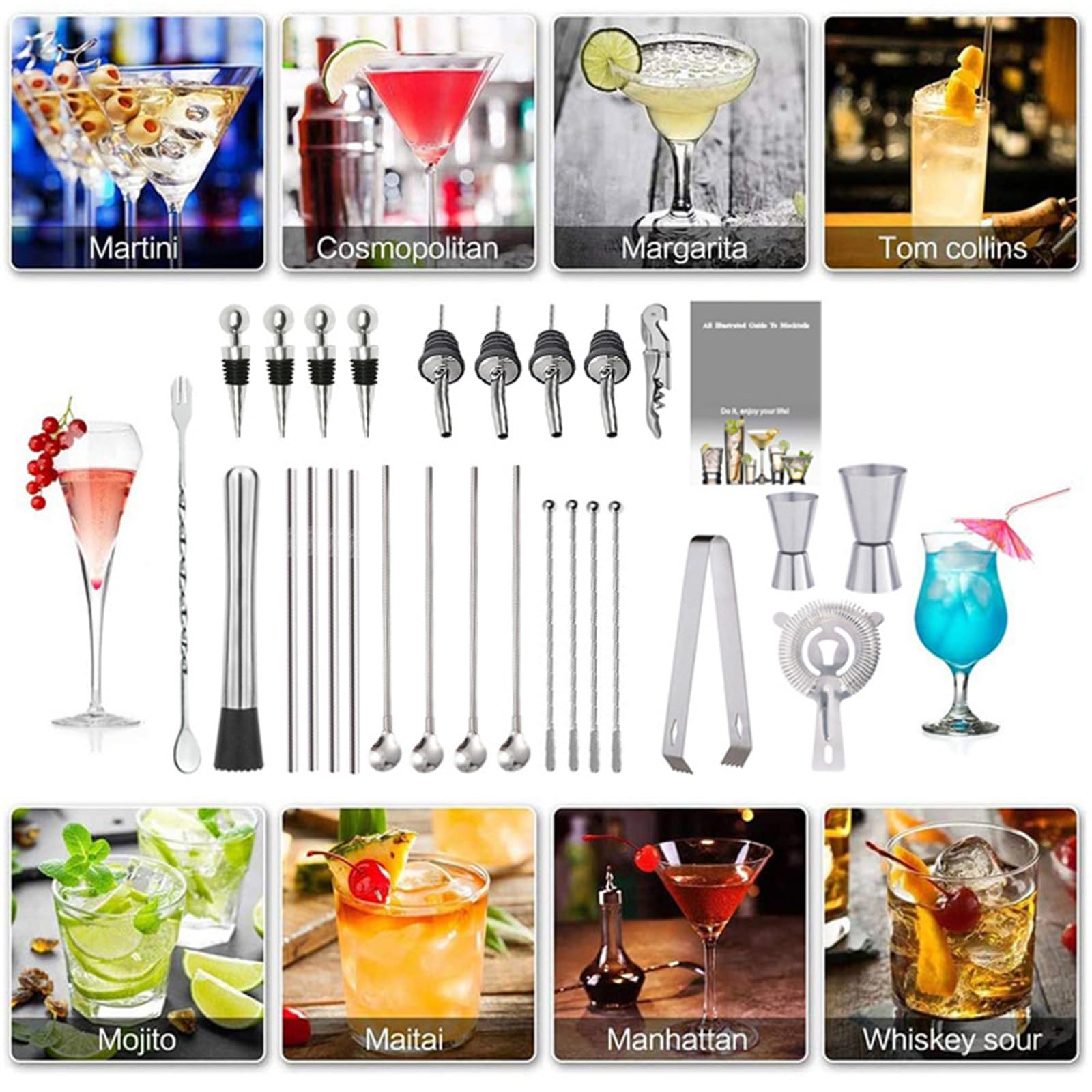 Zenithia 30 Pezzi Set Cocktail Shaker con Supporto Girevole 360°,Kit Barman Professionale da 750ml Mescolare Bevande,Regali per Uomini,Donne,Amanti dei Cocktail,Set da Barista per Feste da Bar a Casa