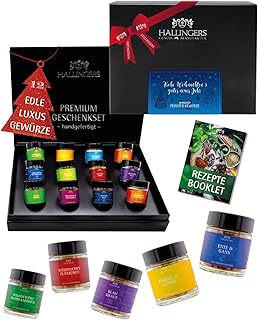 Hallingers Genuss Manufaktur Gewürze Geschenkset Weihnachten – 12 Premium Gewürze in Glas, edle Geschenkbox zum Kochen Grillen, handverlesene Vielfalt, ideale Weihnachts-Geschenkidee für Männer Frauen