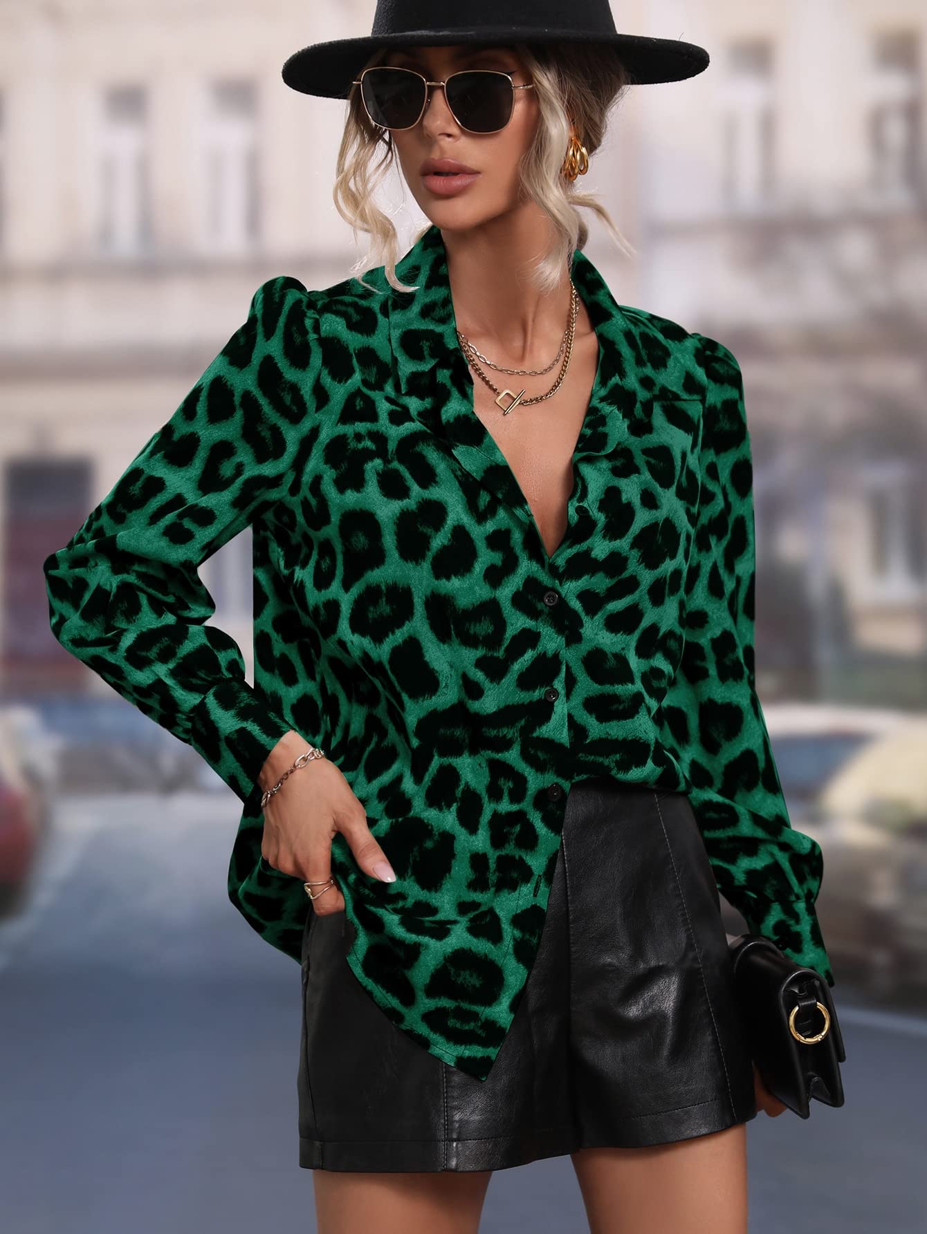 OYOANGLE Women's Casual Print Button Down Shirts Tops Long Sleeve Work Blouse