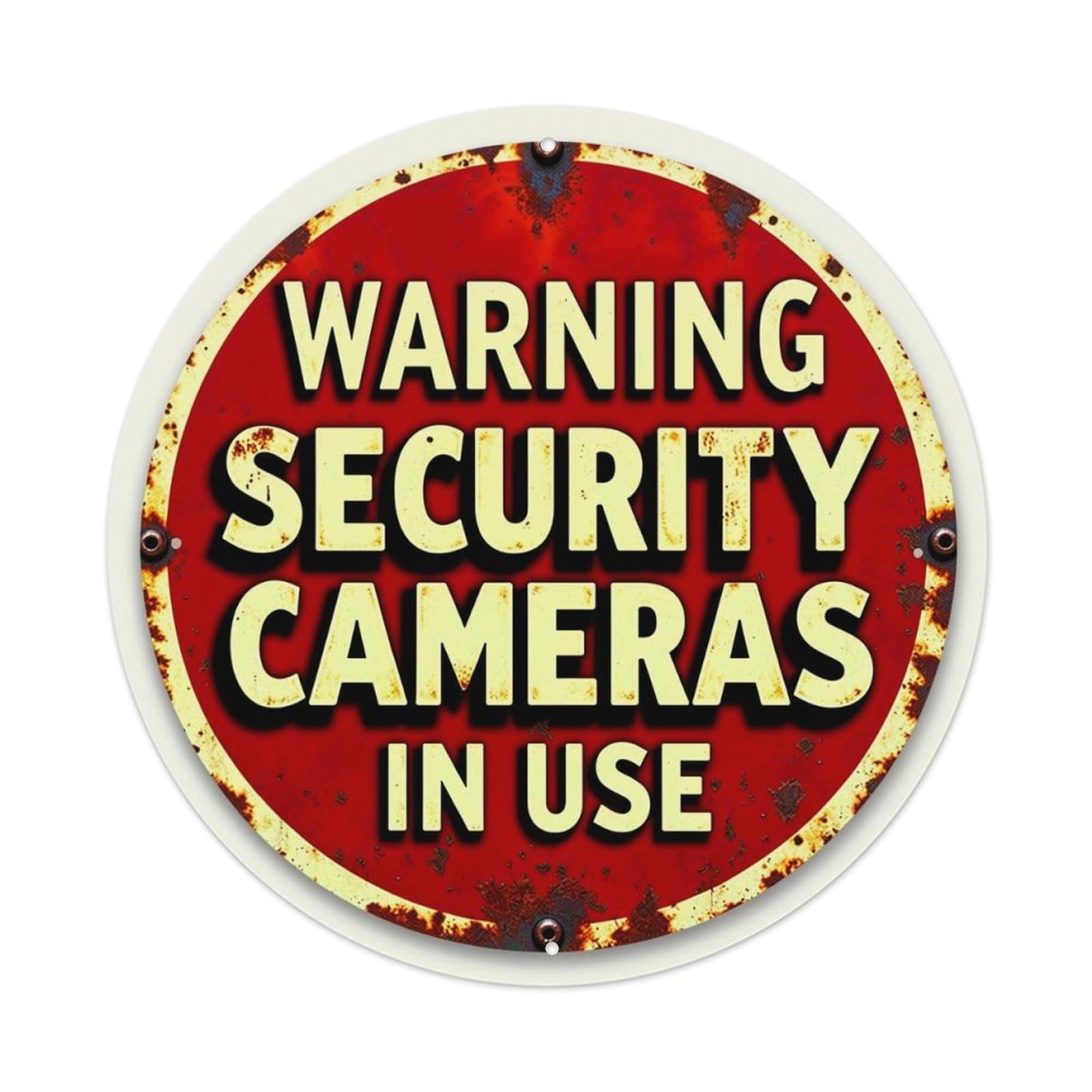 Warning Security Cameras In Use Retro Metal Sign Round Tin Sign, Vintage Decor Art Poster for Bar, Home, Man Cave, Kitchen, Laundry Room Gift 8x8Inch