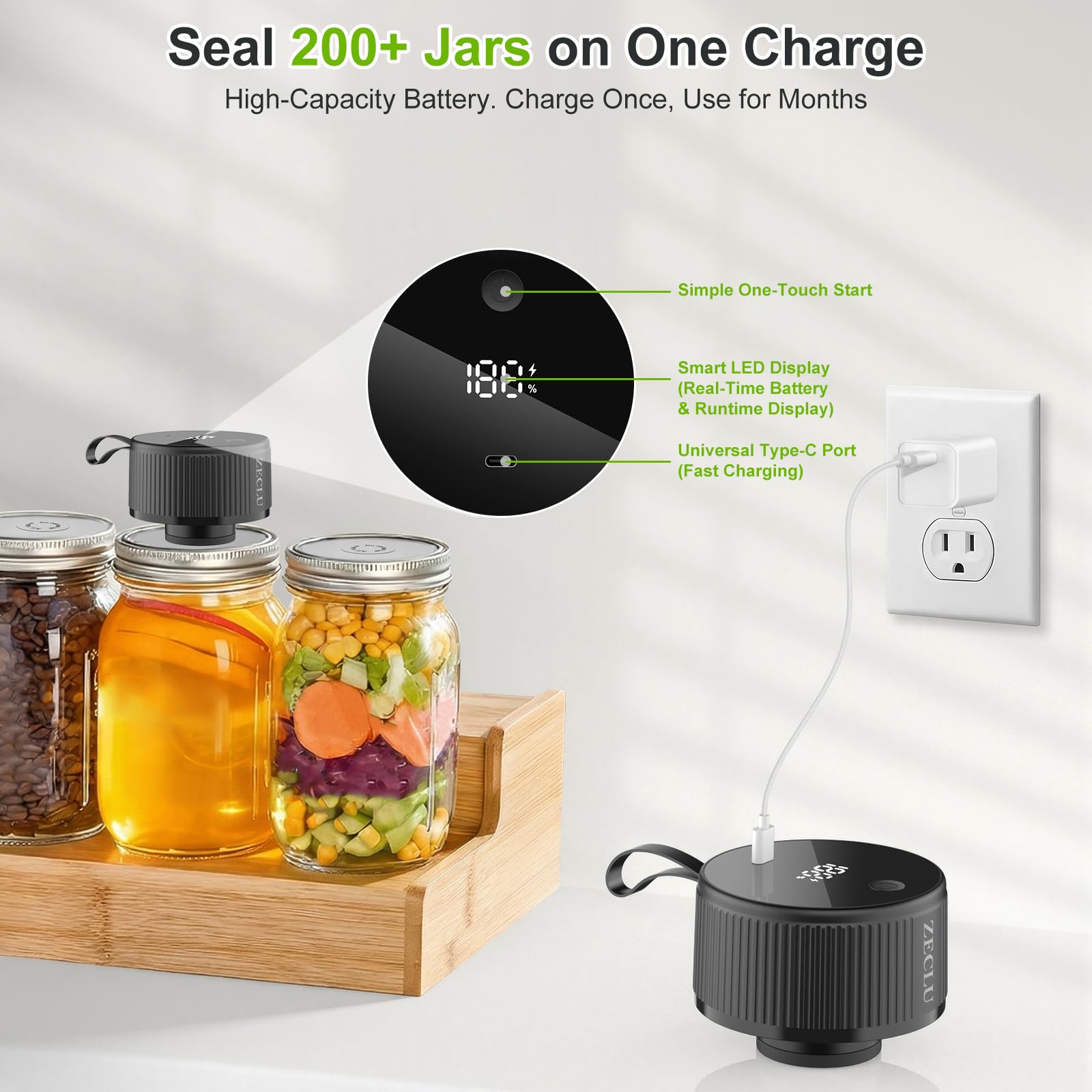 Electric Mason Jar Vacuum Sealer Kit, Automatic Jar Sealer for Wide and Regular Mouth Mason Jars, Portable Cordless Vacuum Sealer for Canning and Food Storage, Includes 20 Lids, 24 Labels, Black - 5