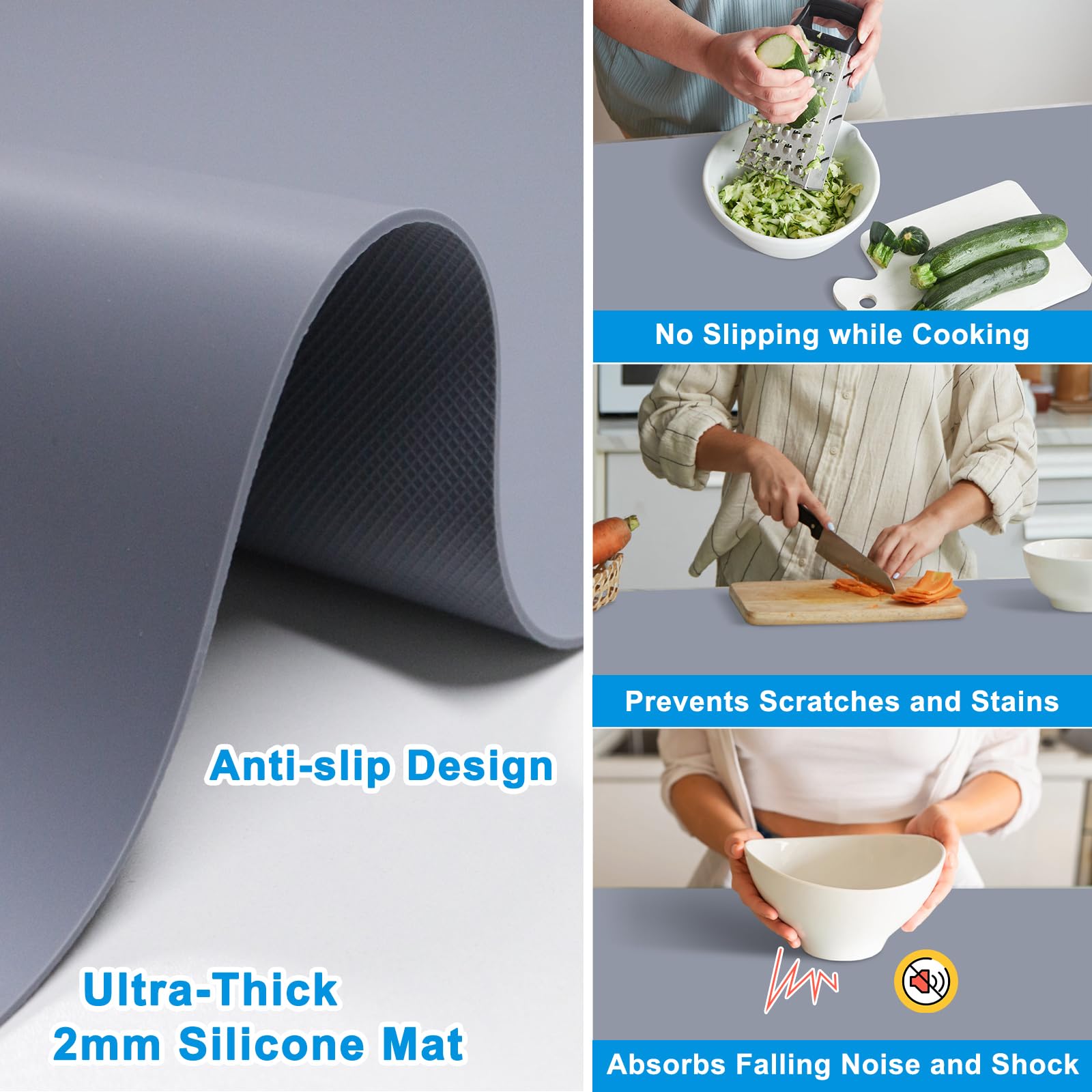 AECHY Extra große Silikonmatte, 200 x 50 x 0,20 cm, Mehrzweck-Silikonmatte, dick, hitzebeständig, gerollt, Küchentheke, wasserdichte Silikonmatten für Küchentheke, Dunkelgrau | Dicke, rutschfeste Silikon-Thekenmatte, wasserdichter Küchen-Arbeitsplattensch