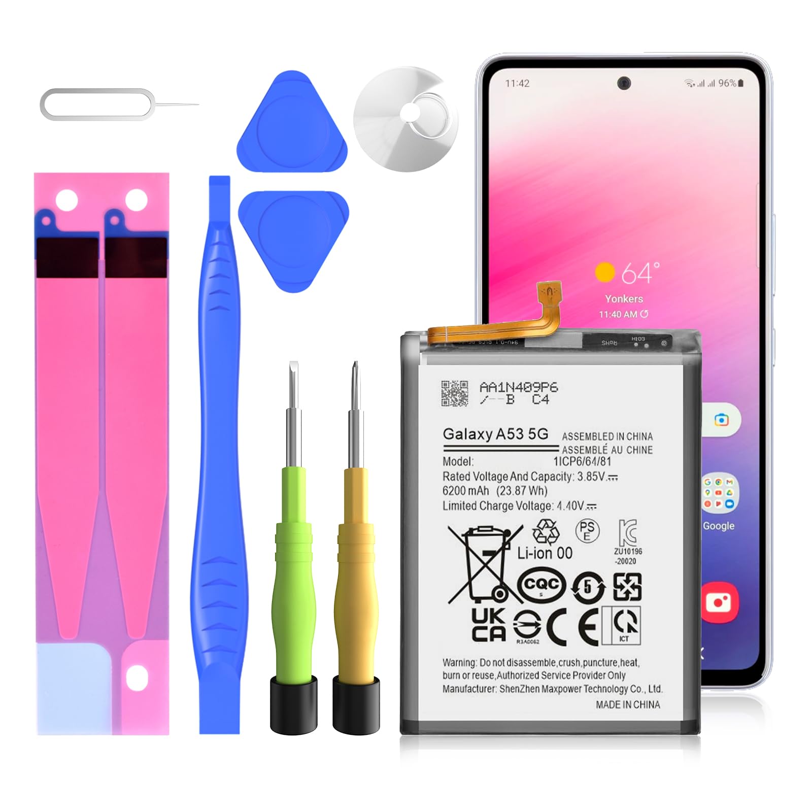 6200mAh Galaxy A53 Akku, EB-BA336ABY Ersatzakku für Galaxy A53 5G SM-A536 SM-A536U1SM-A536U SM-A536W SM-A536B SM-A536N SM-A5360 SM-S536DL mit Reparaturwerkzeug