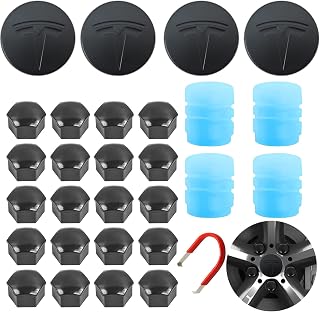 Tesla Center Cap Wheel Cap Kit: Wheel Center Hub Caps Kit for Tesla Model 3 Y S X, 4 Hub Center Cap + 20 Lug Nut Cover + Luminous Valve Core Protection Cover